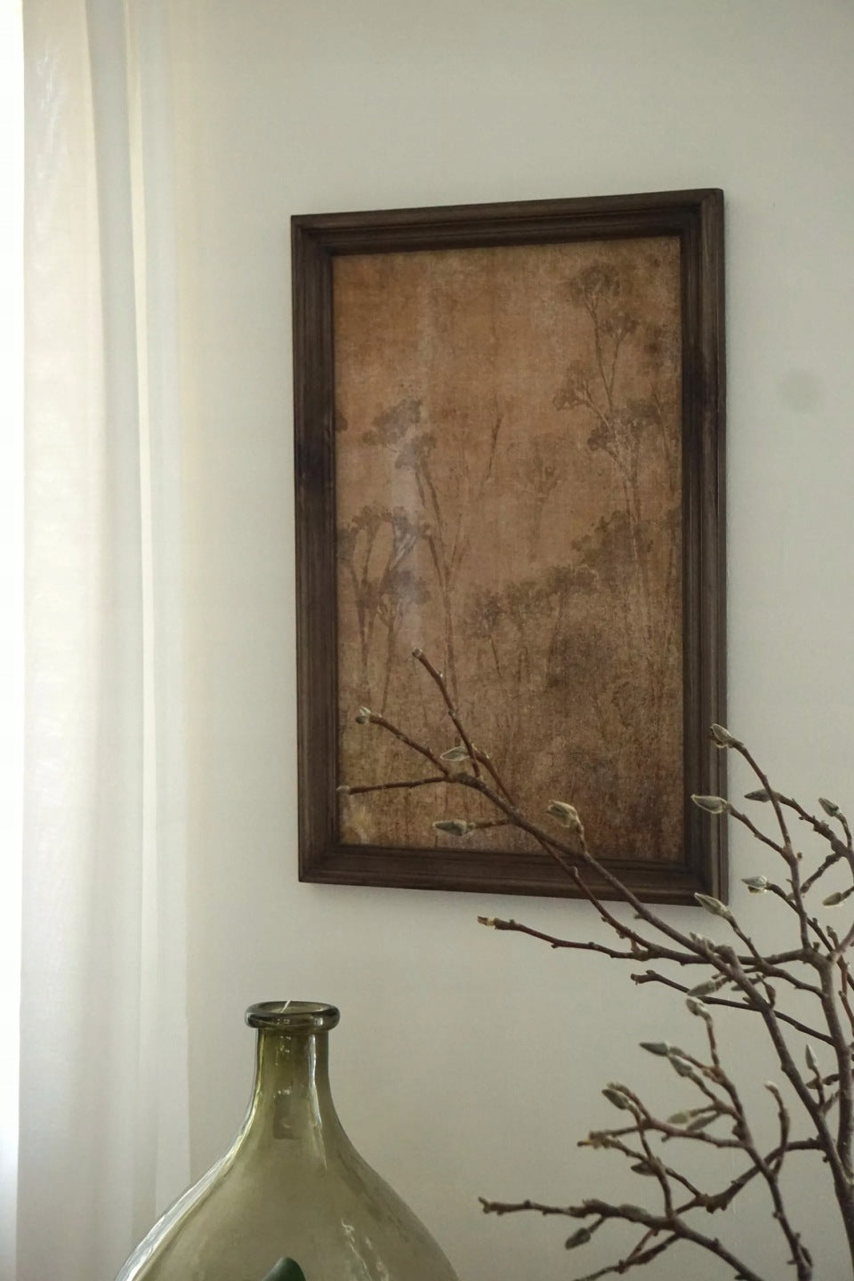 STARY OBRAZ NA PŁÓTNIE NATURA KWIATY BOHO DREWNO JODŁY 65x45cm do salonu