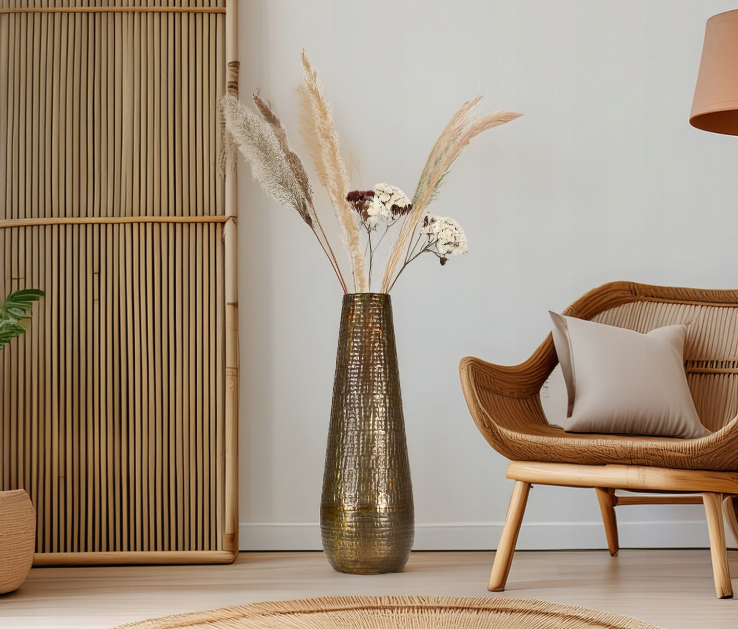 WYSOKI WAZON PODŁOGOWY 67cm ZŁOTY NA PODŁOGĘ GAŁĘZIE TRAWĘ DUŻY METALOWY