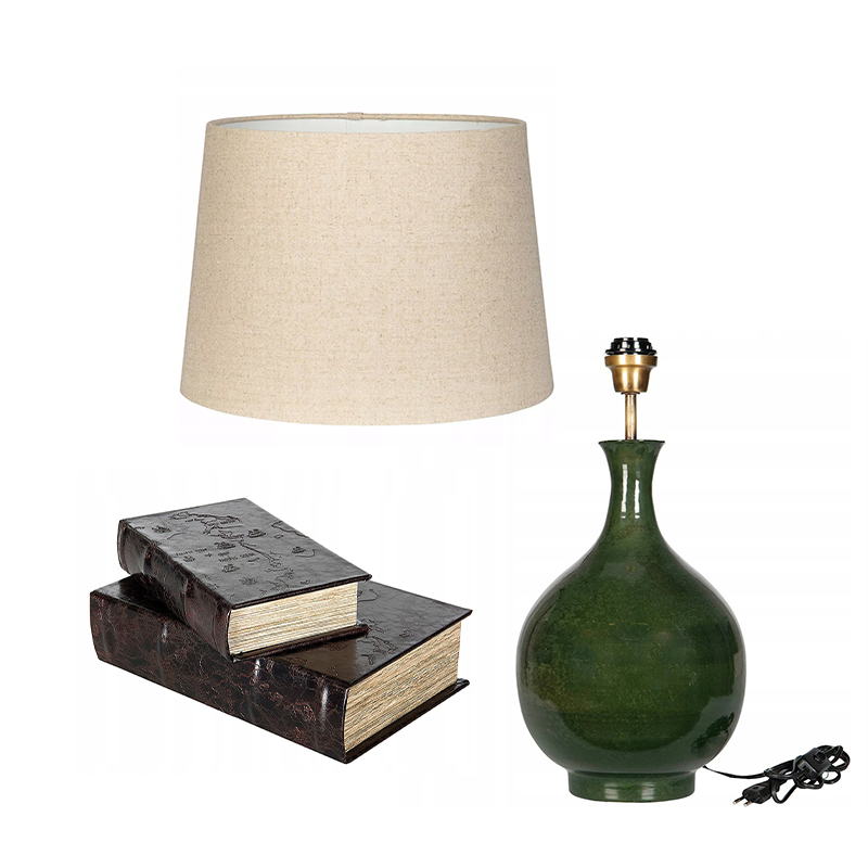 Zestaw z Bloga: Lampa Zielona Loft, Lniany Abażur i Pudełka Książki Mapa Świata