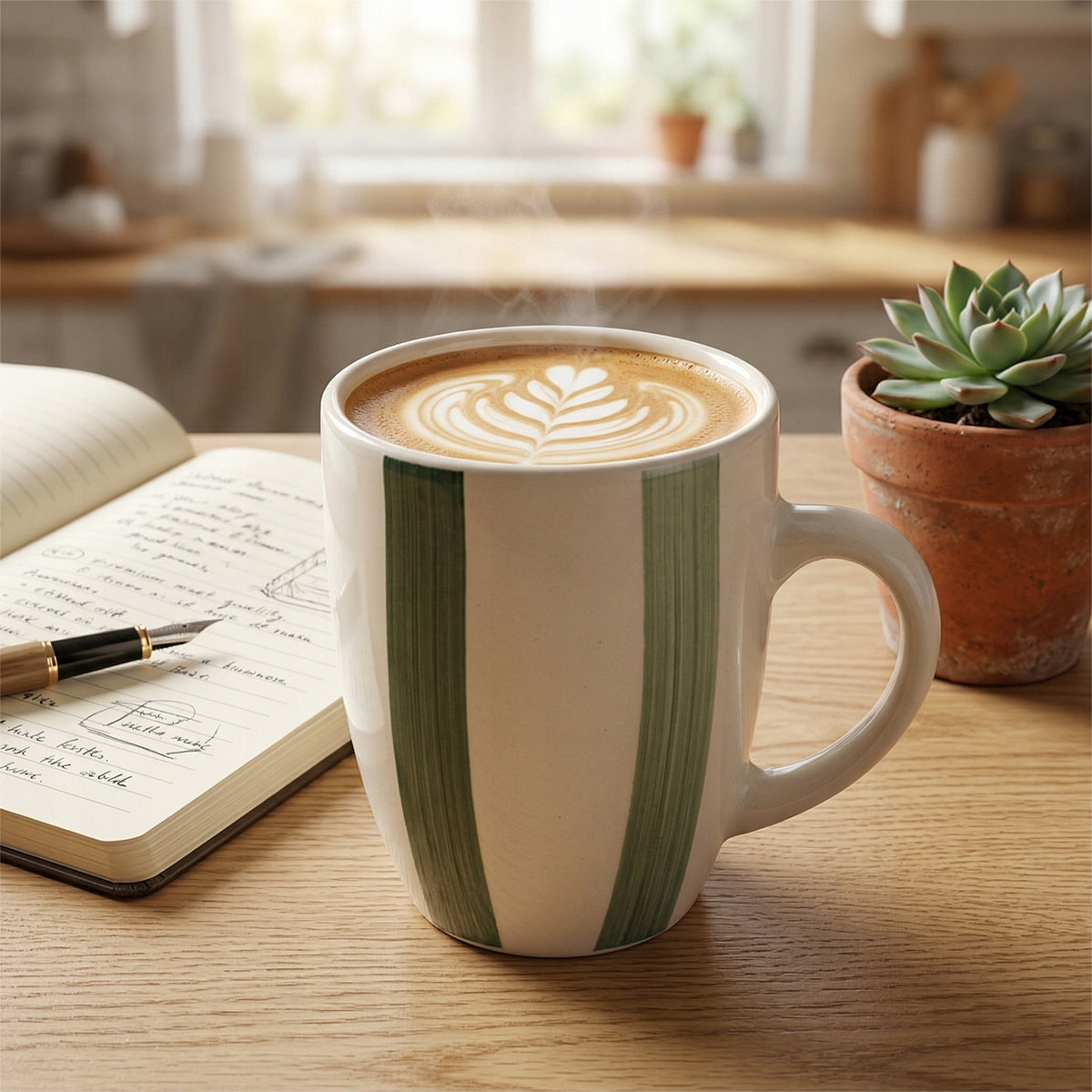 KUBEK CERAMICZNY 350ml BEŻOWY ZIELONY DO KAWY HERBATY Z UCHWYTEM NA KAWĘ