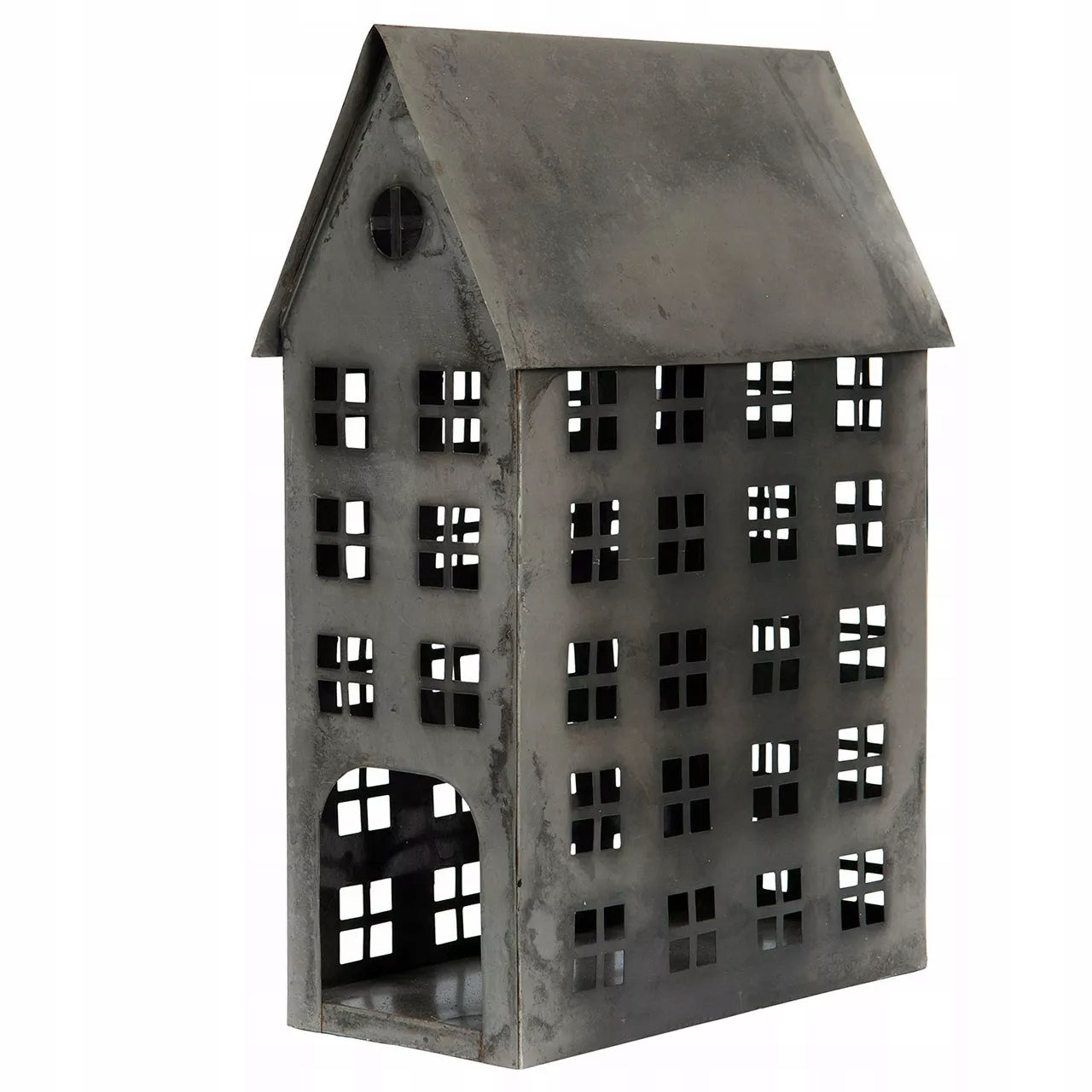 LAMPION DOMEK METALOWY SREBRNY 45X30CM
