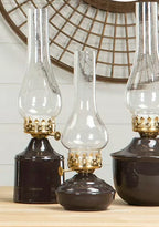 ŚWIECZNIK TEALIGHT LOFT BRĄZOWY IMITACJA LAMPY NAFTOWEJ METAL SZKŁO 27CM
