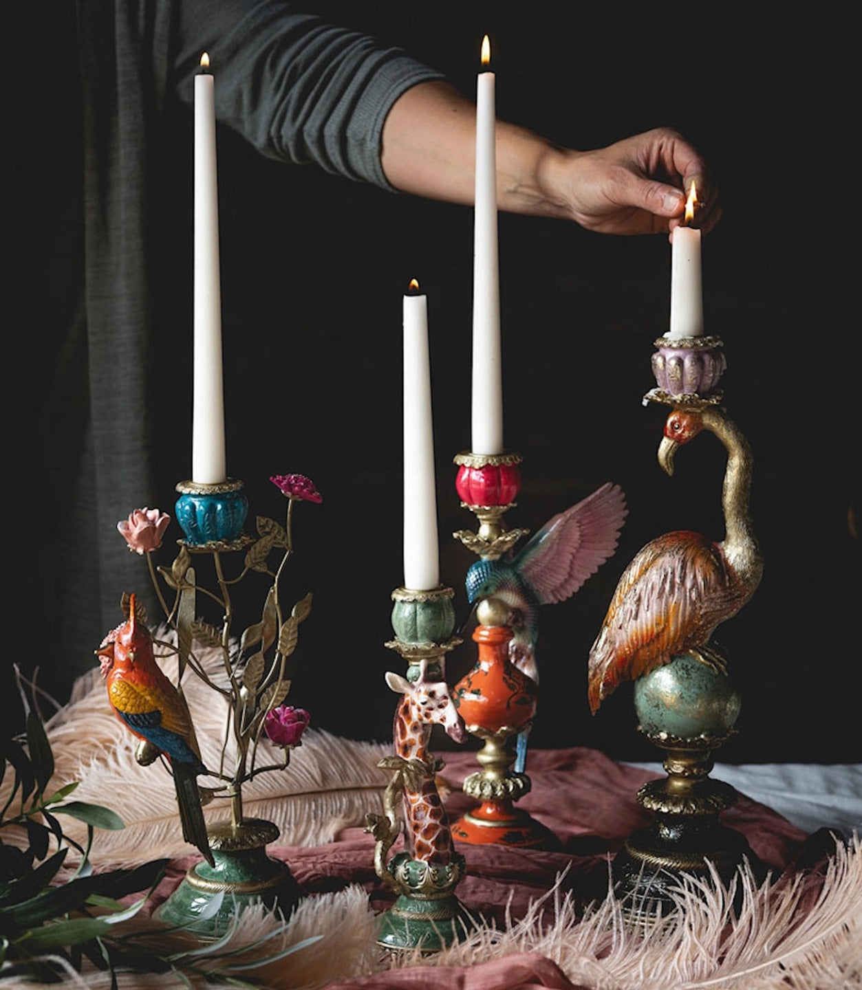 ŚWIECZNIK KANDELABR NA 1 ŚWIECE PAPUGA PTAKI BOHO DO DOMU SALONU DEKORACJA