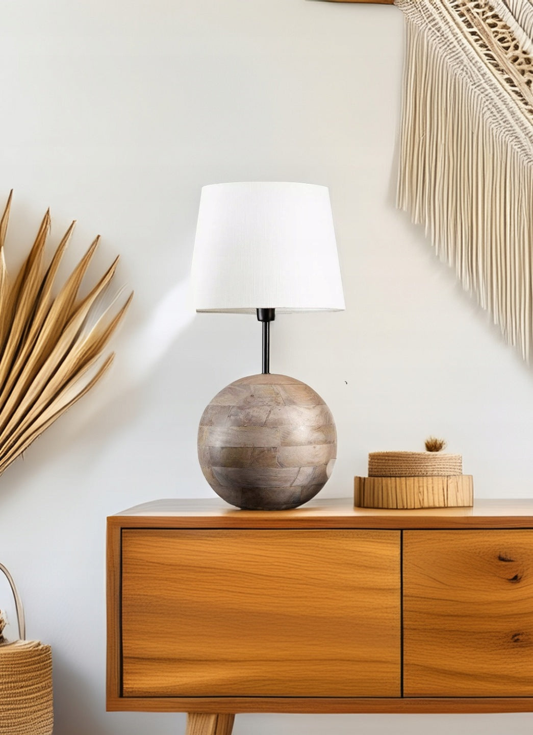 LAMPA STOŁOWA KULA BOHO DREWNIANA 24CM