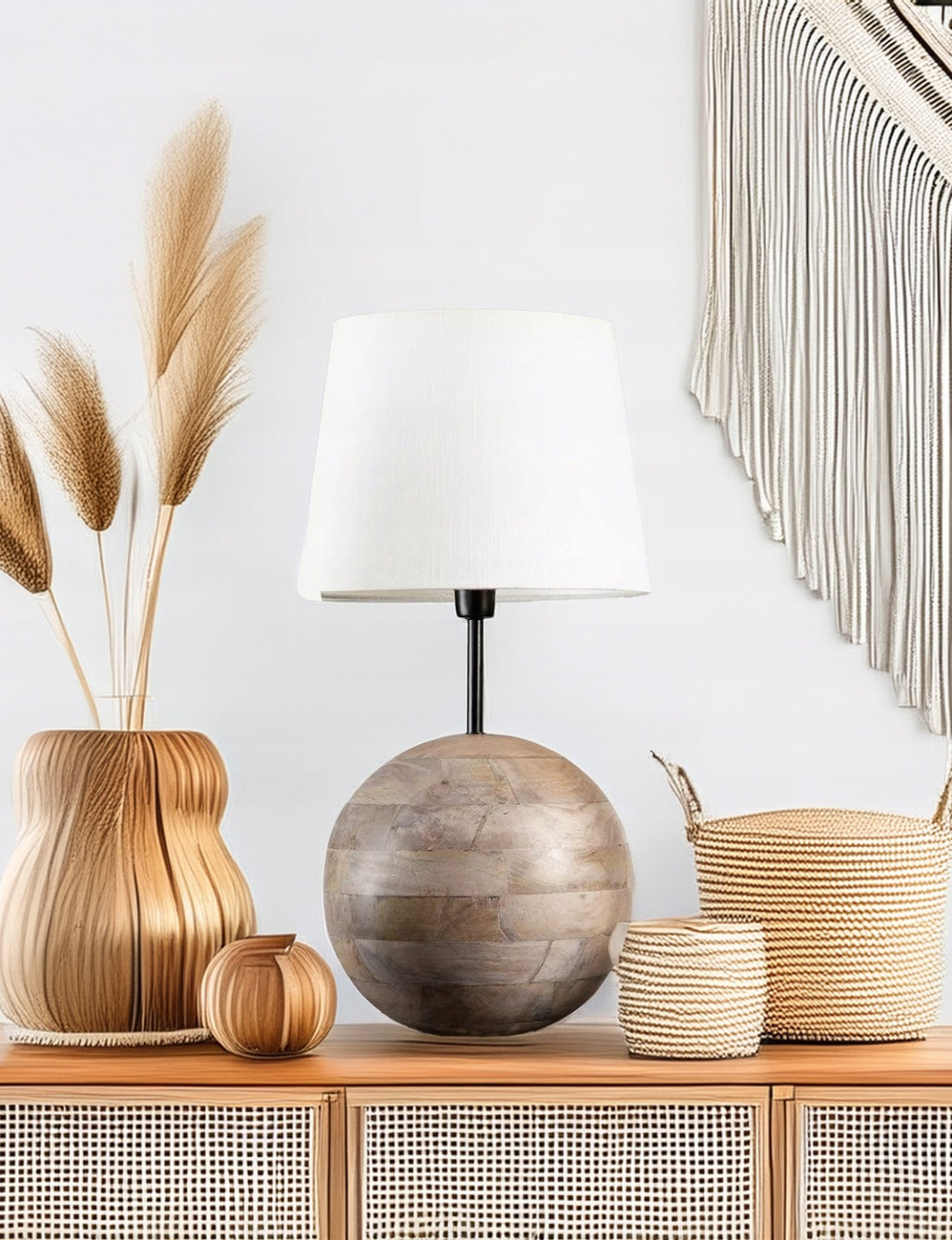 LAMPA STOŁOWA KULA BOHO DREWNIANA 47CM