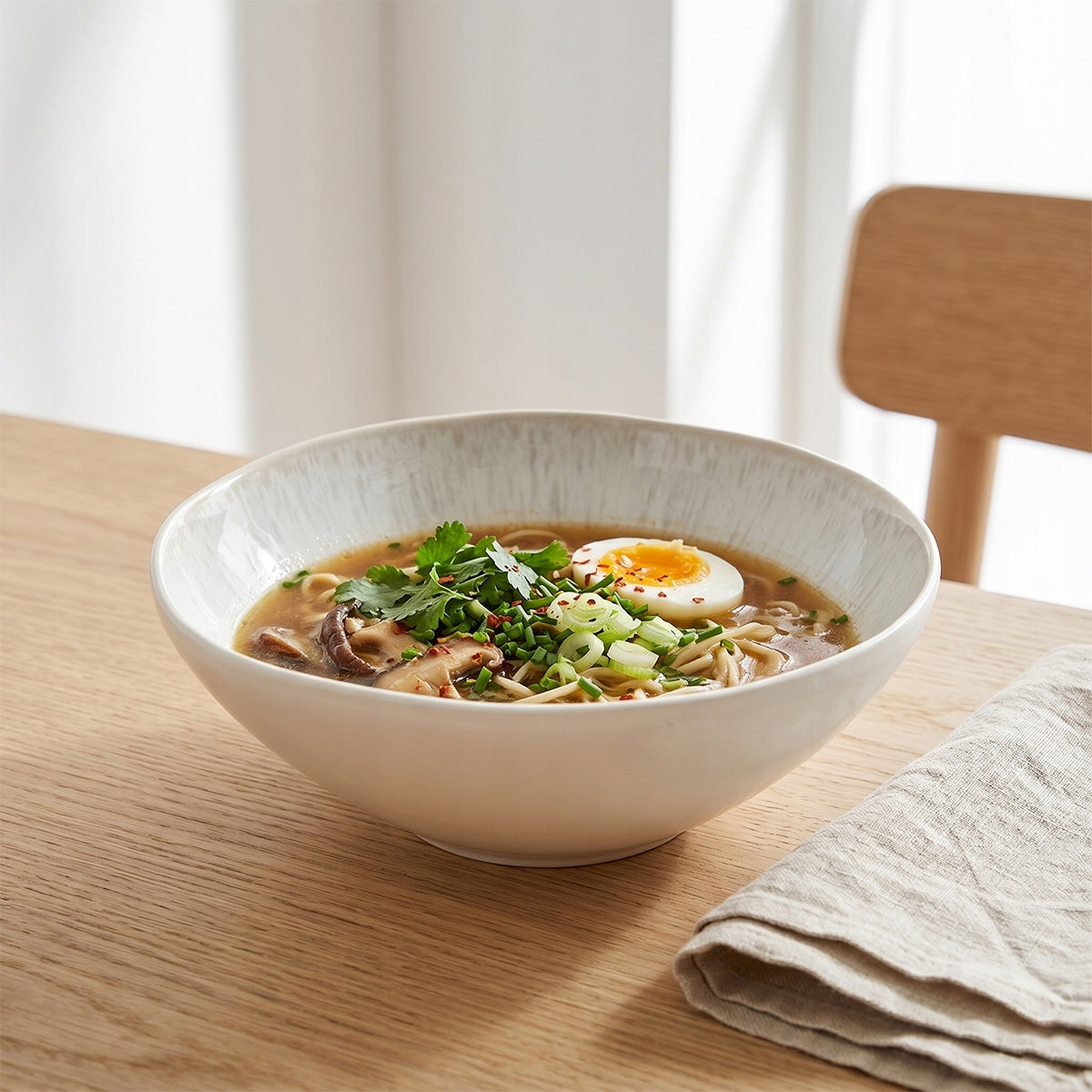 Minimalistyczna, nowoczesna kompozycja kulinarna inspirowana kuchnią azjatycką. W jasnej, głębokiej misce z efektem szkliwa reaktywnego zaserwowano aromatyczny ramen z makaronem, grzybami, świeżą kolendrą, szczypiorkiem i połówką ugotowanego jajka. Proste, drewniane tło, naturalna, lniana serwetka oraz krzesło w stylu skandynawskim idealnie podkreślają bezpretensjonalny charakter naczynia