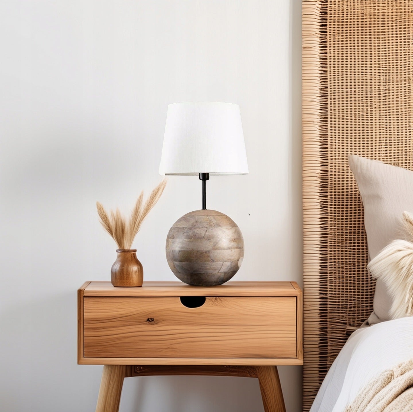 LAMPA STOŁOWA KULA BOHO DREWNIANA 24CM