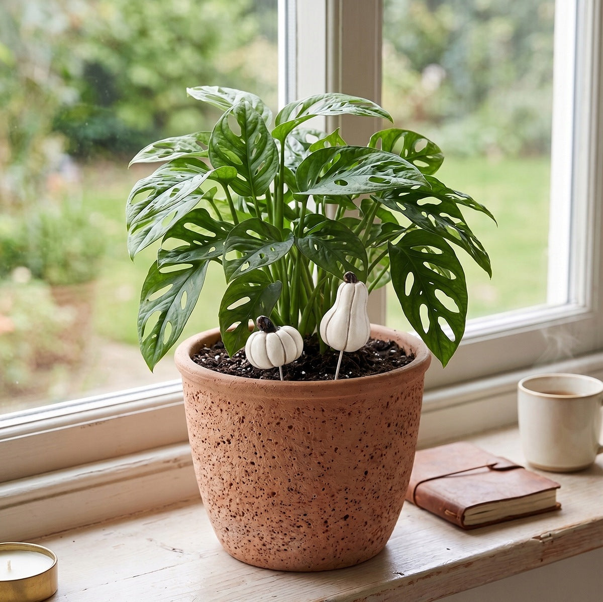 Dekoracja rośliny domowej. Na jasnym parapecie stoi duża, porowata, gliniana donica z bujną rośliną (Monstera Adansonii). Pomiędzy liśćmi widać wbite w ziemię dwa piki z małymi, białymi dyniami. Obok doniczki leży mały, skórzany notes i kubek z parującą kawą. W tle widać ogród przez okno.