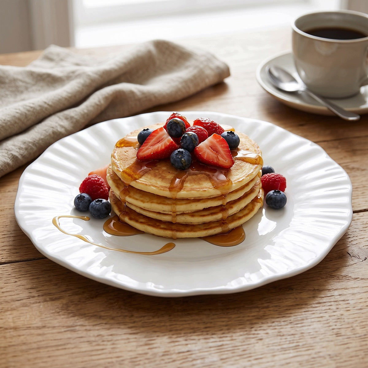 Apetyczna aranżacja śniadaniowa na drewnianym stole. Na eleganckim, białym talerzu o pofalowanych brzegach ułożono stos puszystych naleśników (pancakes) polanych syropem i udekorowanych świeżymi truskawkami, malinami oraz borówkami. W tle widać filiżankę z czarną kawą i beżową, lnianą serwetkę.