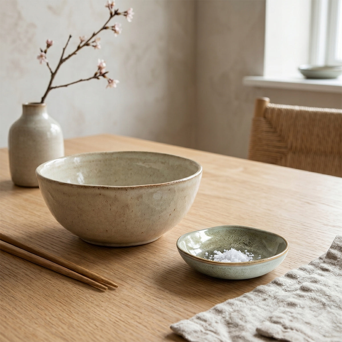 Spokojna, minimalistyczna kompozycja w stylu Japandi na jasnym, drewnianym stole. Mała, zielonkawa miseczka ceramiczna o nieregularnym kształcie, wypełniona gruboziarnistą solą morską, stoi obok większej, beżowej misy. Aranżację uzupełniają drewniane pałeczki, lniana serwetka oraz surowy wazonik z kwitnącą gałązką wiśni