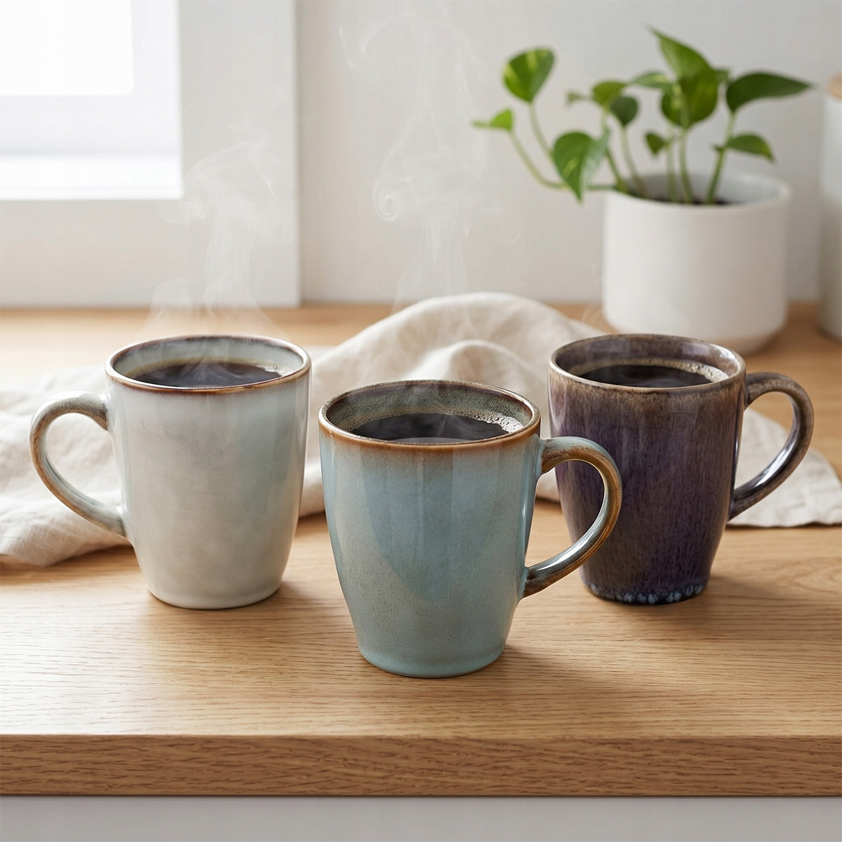 Zestaw trzech ceramicznych kubków z parującym napojem, ustawionych na gładkim, dębowym blacie w rozświetlonym wnętrzu. Naczynia pokryte są błyszczącym szkliwem reaktywnym, nadającym im unikalny charakter. Z tyłu ułożono miękką, lnianą ściereczkę, a w rozmytym tle widać białą osłonkę z zieloną rośliną (epipremnum). Jasna kolorystyka nadaje scenie rześki, poranny nastrój.