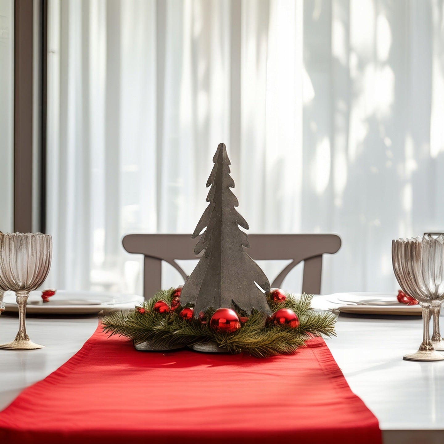Jasna, elegancka aranżacja świątecznego stołu. W centrum, na intensywnie czerwonym bieżniku, wyeksponowano surową, metalową choinkę pokrytą rdzawą patyną. Figurka stanowi serce stroika – otoczona jest gęstym wiankiem z iglastych gałązek oraz błyszczącymi, czerwonymi bombkami. W tle widać nakrycia stołu z eleganckimi kieliszkami o ryflowanej fakturze oraz jasne zasłony, przez które wpada naturalne światło. Kompozycja wspaniale łączy nowoczesny chłód metalu z tradycyjnymi barwami świąt.