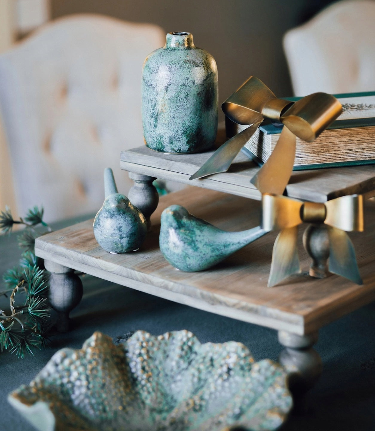 TACA KUCHENNA NA NÓŻKACH PODSTAWKA POD ŚWIECZKĘ DONICZKĘ BOHO LOFT 2szt