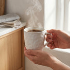 Jasne, lifestylowe ujęcie pełne porannego ciepła. Kadr skupia się na dłoniach delikatnie obejmujących biały, młotkowany kubek z gorącą, parującą kawą. W tle widać fragment jasnej, drewnianej szafki z ułożonymi lnianymi tekstyliami oraz okno, przez które wpada miękkie, naturalne światło. Zdjęcie idealnie oddaje przyjemność płynącą z powolnego, porannego rytuału