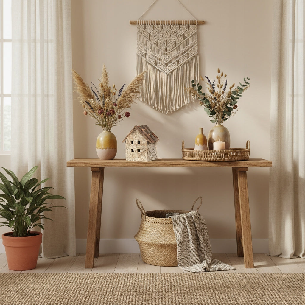 Drewniany domek z kory wyeksponowany na środku rustykalnej, drewnianej konsoli. Aranżacja w stylu boho: po bokach stoją ceramiczne wazony z suchymi trawami pampasowymi, a na beżowej ścianie wisi jasna makrama. Pod konsolą znajduje się pleciony kosz z narzutą, a na podłodze jutowy dywan.