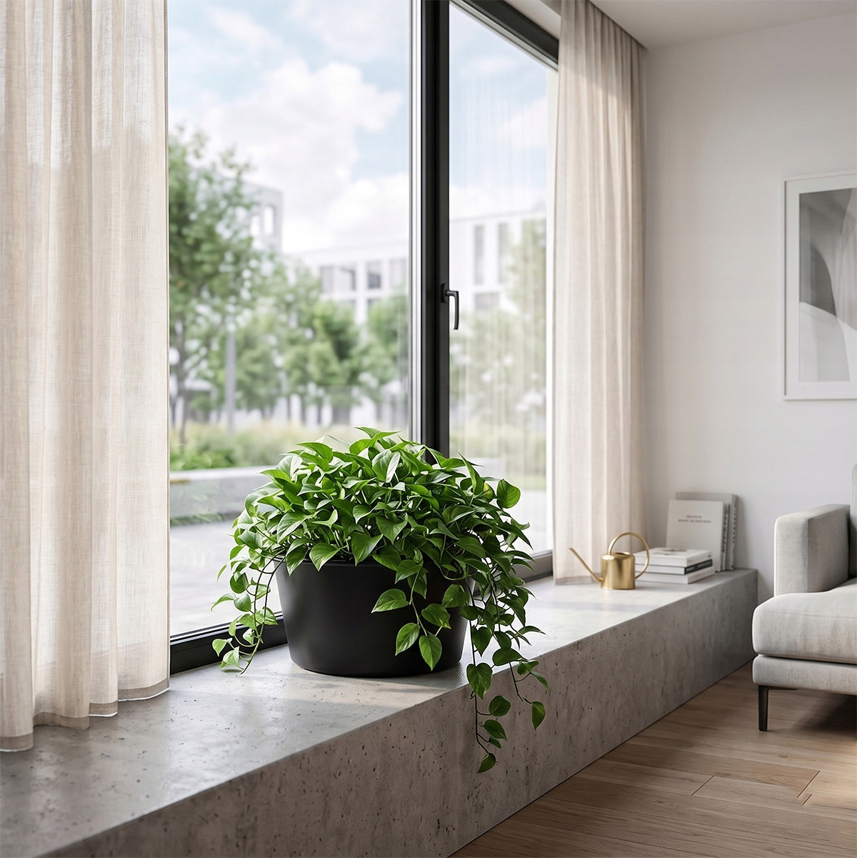 Nowoczesne, jasne wnętrze. Na szerokim, surowym parapecie wykonanym z betonu architektonicznego stoi niska, okrągła czarna misa z gęstą rośliną doniczkową o zielonych liściach. Przez duże okno widać osiedlową zieleń i zarys nowoczesnego budynku. Po prawej stronie, na parapecie, umieszczono złotą konewkę, książki oraz fragment jasnoszarej sofy.