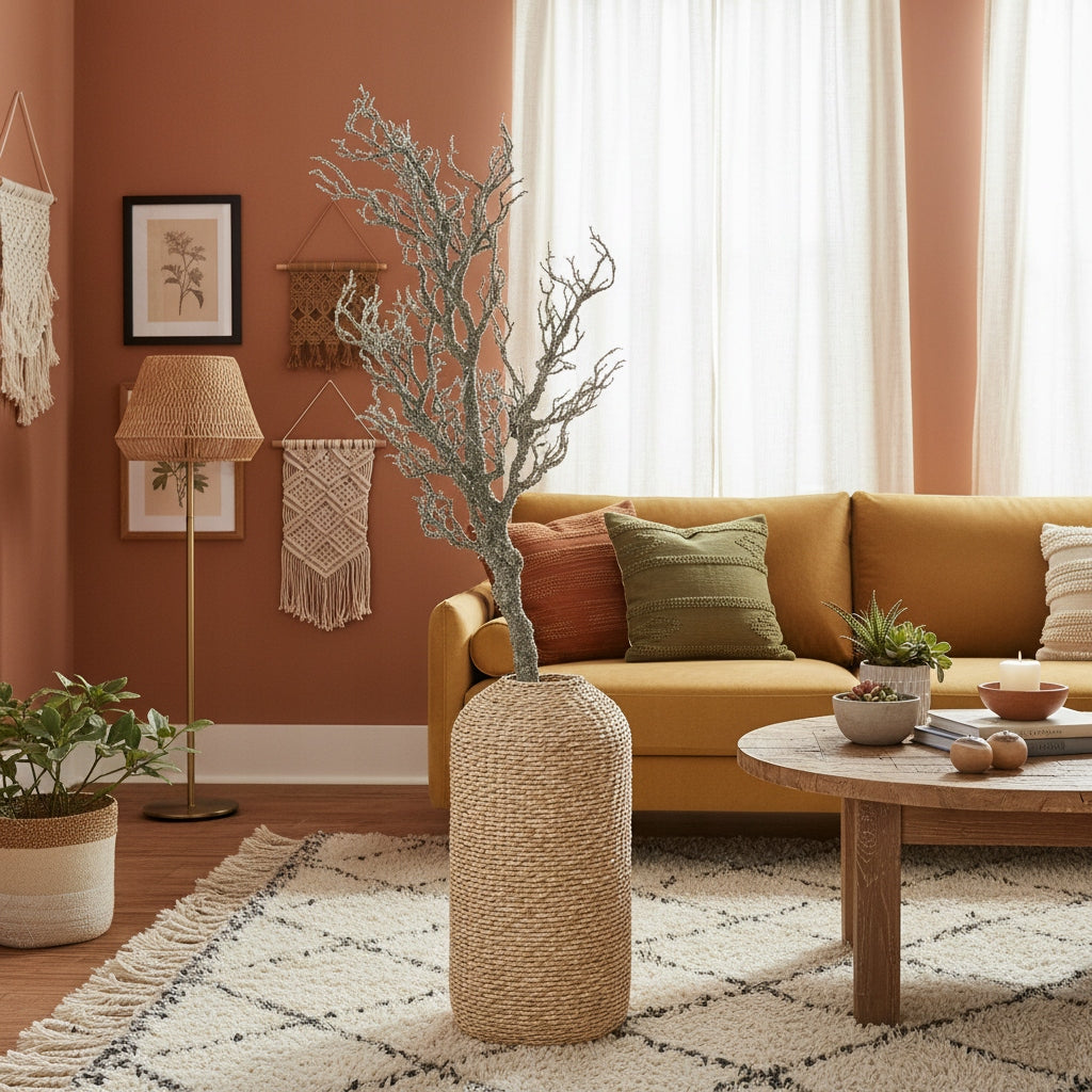 Przytulny salon w stylu boho z ciepłymi, terakotowymi ścianami. W centralnym punkcie, w wysokim, plecionym wazonie podłogowym, stoi duża, rozłożysta sztuczna gałąź o chropowatej fakturze. W tle znajduje się musztardowa kanapa z poduszkami, pleciona lampa podłogowa, makramy na ścianie oraz drewniany stolik kawowy na jasnym, wzorzystym dywanie.