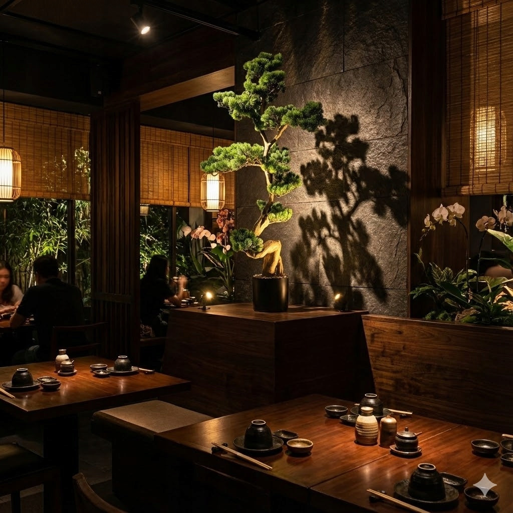 Nastrojowe, eleganckie wnętrze restauracji o azjatyckim charakterze. Na wyeksponowanym, drewnianym podeście stoi duże, sztuczne drzewko bonsai (sosna) o rzeźbiarskim kształcie. Punktowe światło wydobywa głęboką zieleń igieł i rzuca wyrazisty cień rośliny na ciemną, kamienną ścianę za nią. Wokół stoją drewniane stoły z nakryciami, a w tle widać delikatnie oświetlone stoliki i gości.