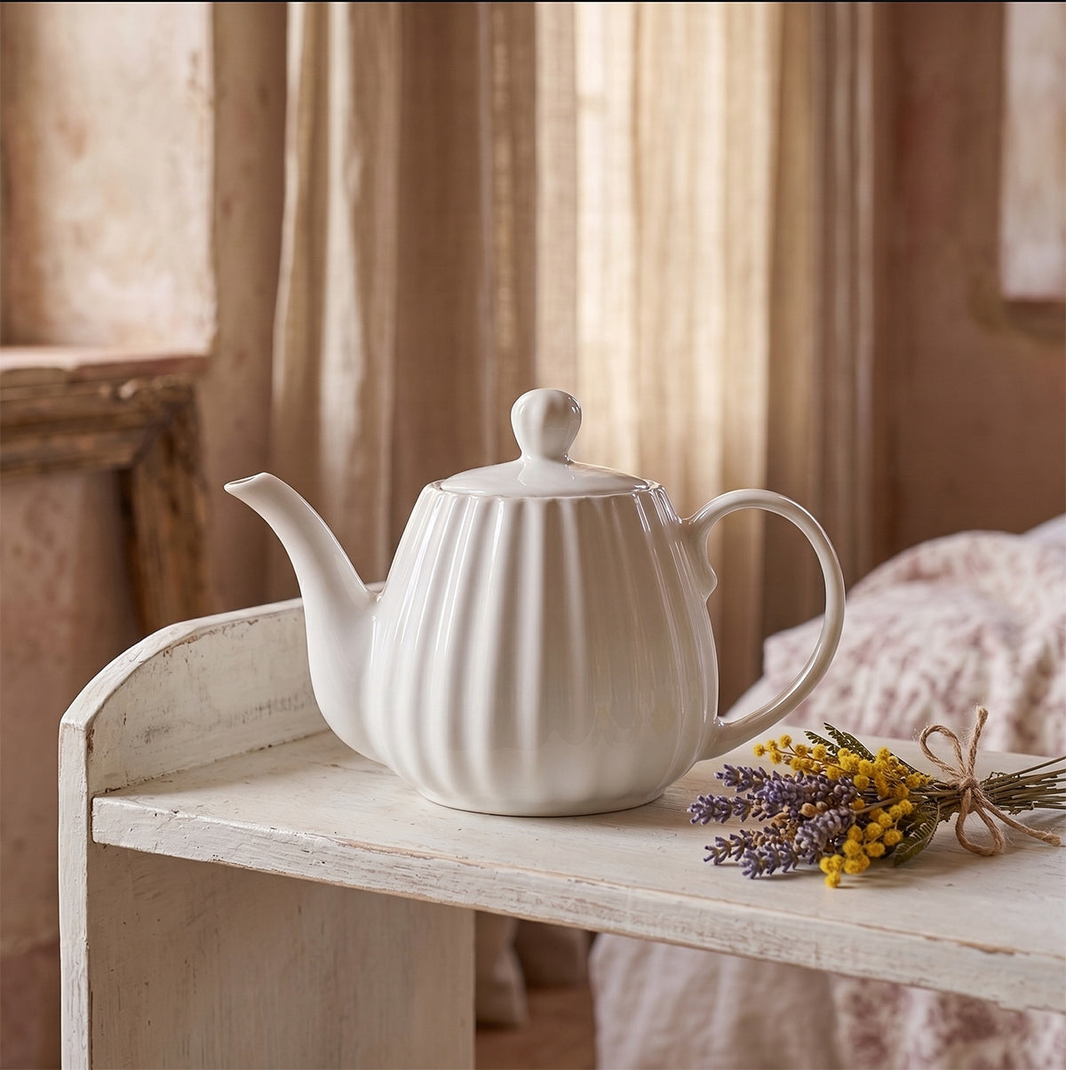 Romantyczna, spokojna kompozycja z białym, prążkowanym dzbankiem ceramicznym. Naczynie ustawiono na starej, białej, drewnianej szafce w jasnej, przytulnej sypialni. Obok dzbanka leży mały bukiecik suszonych ziół: fioletowej lawendy i żółtej mimozy, przewiązany szarym sznurkiem. Światło wpadające przez okno z lnianą zasłoną oraz widoczne w tle łóżko tworzą relaksujący, sielski nastrój