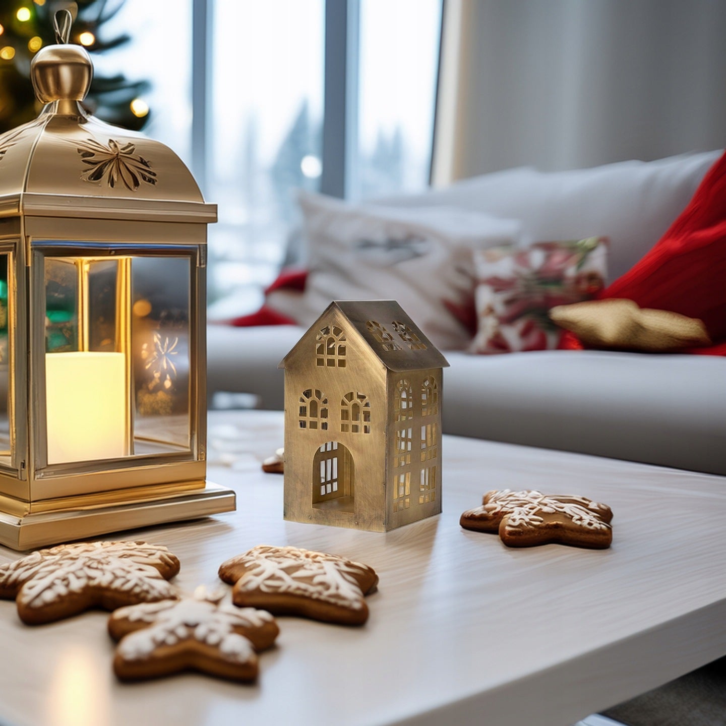 LAMPION DOMEK ZŁOTY METALOWY 20X11CM