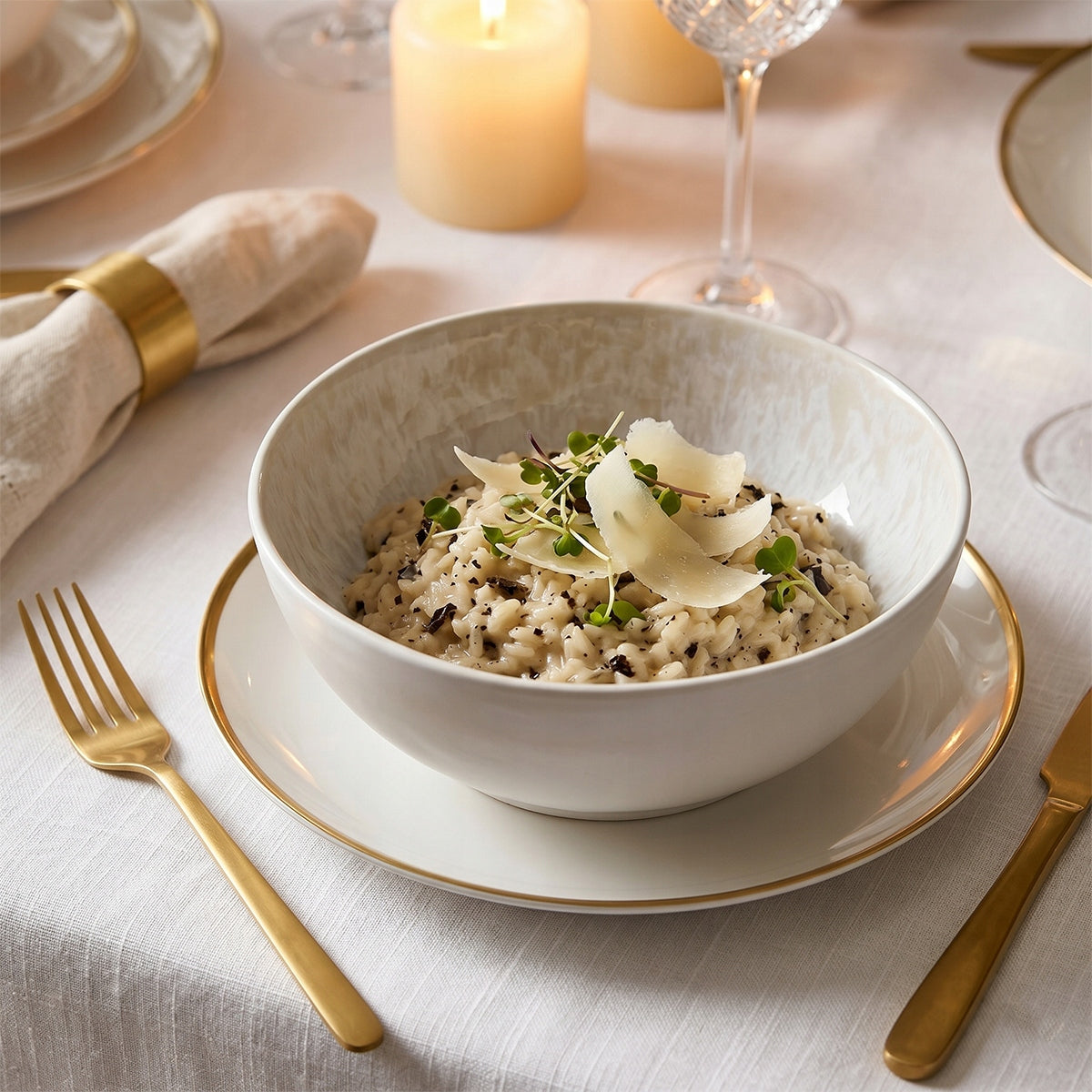 Wykwintna, luksusowa kompozycja na stole przykrytym białym, lnianym obrusem. W jasnej misce, ustawionej na eleganckim talerzu ze złotą obwódką, zaserwowano kremowe risotto. Danie udekorowane jest dużymi płatkami sera (np. parmezanu), mikroziołami i drobinami trufli. Blask świec, kryształowe kieliszki, złote sztućce i złota obrączka na serwetce tworzą niezwykle odświętną, romantyczną atmosferę fine diningu