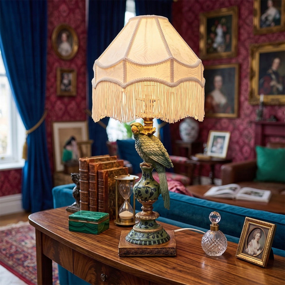 Bogato zdobione, eklektyczne wnętrze w stylu klasycznym/vintage. Na drewnianej konsoli stoi dekoracyjna lampa z figurką zielonej papugi i kremowym abażurem z frędzlami. Dookoła lampy ułożono antyczne dodatki: stare książki w skórzanych oprawach, mosiężną klepsydrę, szkatułkę z malachitu oraz kryształowy flakonik. W tle widać turkusową kanapę, bordową tapetę w ornamenty oraz klasyczne portrety w złotych ramach.