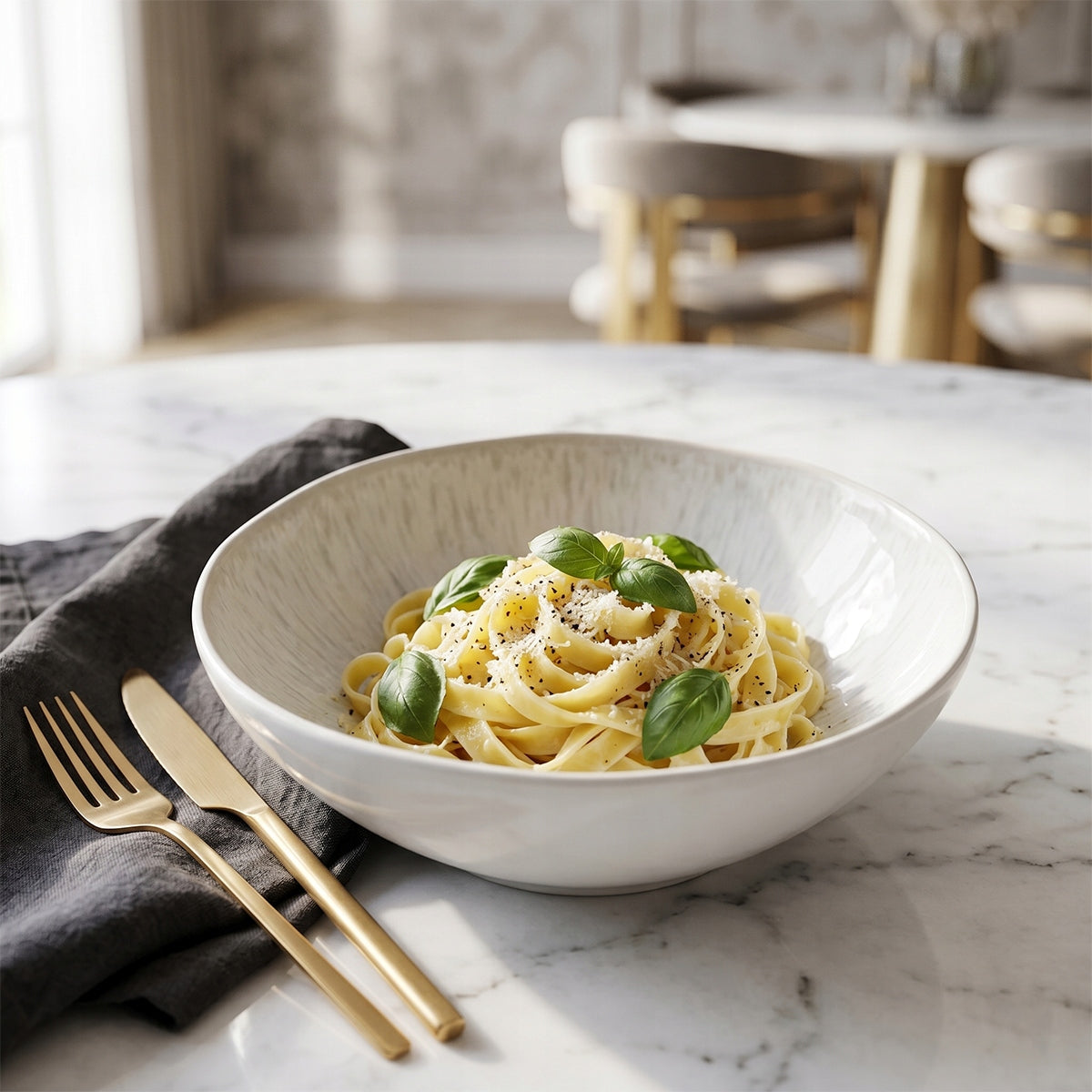 Elegancka kompozycja kulinarna zaserwowana na jasnym, marmurowym blacie. W głębokiej, ceramicznej misce o subtelnym, nakrapianym wzorze podano apetyczny makaron (tagliatelle) posypany serem i udekorowany listkami świeżej bazylii. Obok leży ciemnoszara, lniana serwetka oraz stylowe, złote sztućce. Rozmyte tło z jasnym wnętrzem i welurowymi krzesłami nadaje scenie luksusowy, restauracyjny charakter