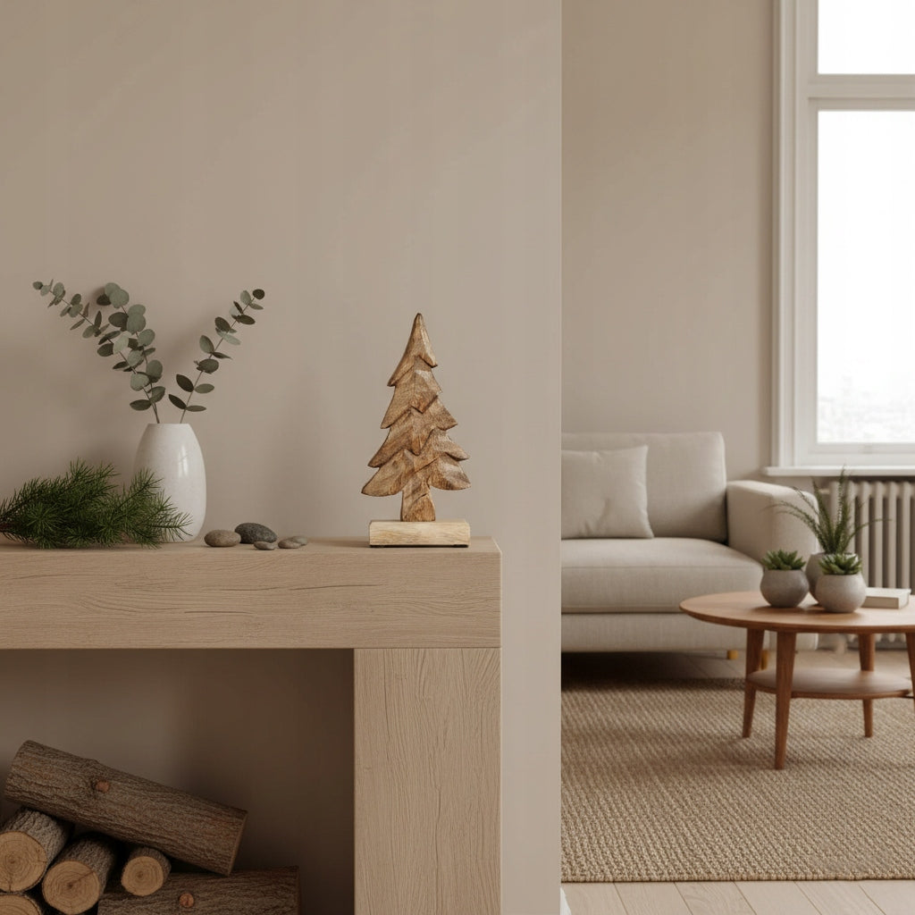 Minimalistyczna i bardzo spokojna aranżacja wnętrza nawiązująca do stylu Japandi. Drewniana choinka stoi na jasnej konsoli obok białego wazonu z gałązkami eukaliptusa, gładkich kamieni oraz gałązki iglaka. Poniżej, w specjalnej wnęce, ułożono szczapy drewna kominkowego. W tle rozpościera się jasny, uporządkowany salon z beżową sofą, wprowadzający do wnętrza atmosferę wyciszenia i harmonii.