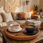 Bardzo przytulna, popołudniowa aranżacja w stylu boho. Dwie ceramiczne filiżanki (jasna i ciemnoniebieska) pełne gorącej, parującej herbaty ustawiono na okrągłej, rattanowej tacy na starym, drewnianym stoliku. Kompozycję uzupełniają laski cynamonu, suszony rumianek oraz stara, patynowana łyżeczka. W ciepłym, skąpanym w słońcu tle widać kanapę z poduszkami, makramę ścienną oraz rośliny doniczkowe, co tworzy idealną przestrzeń do relaksu.