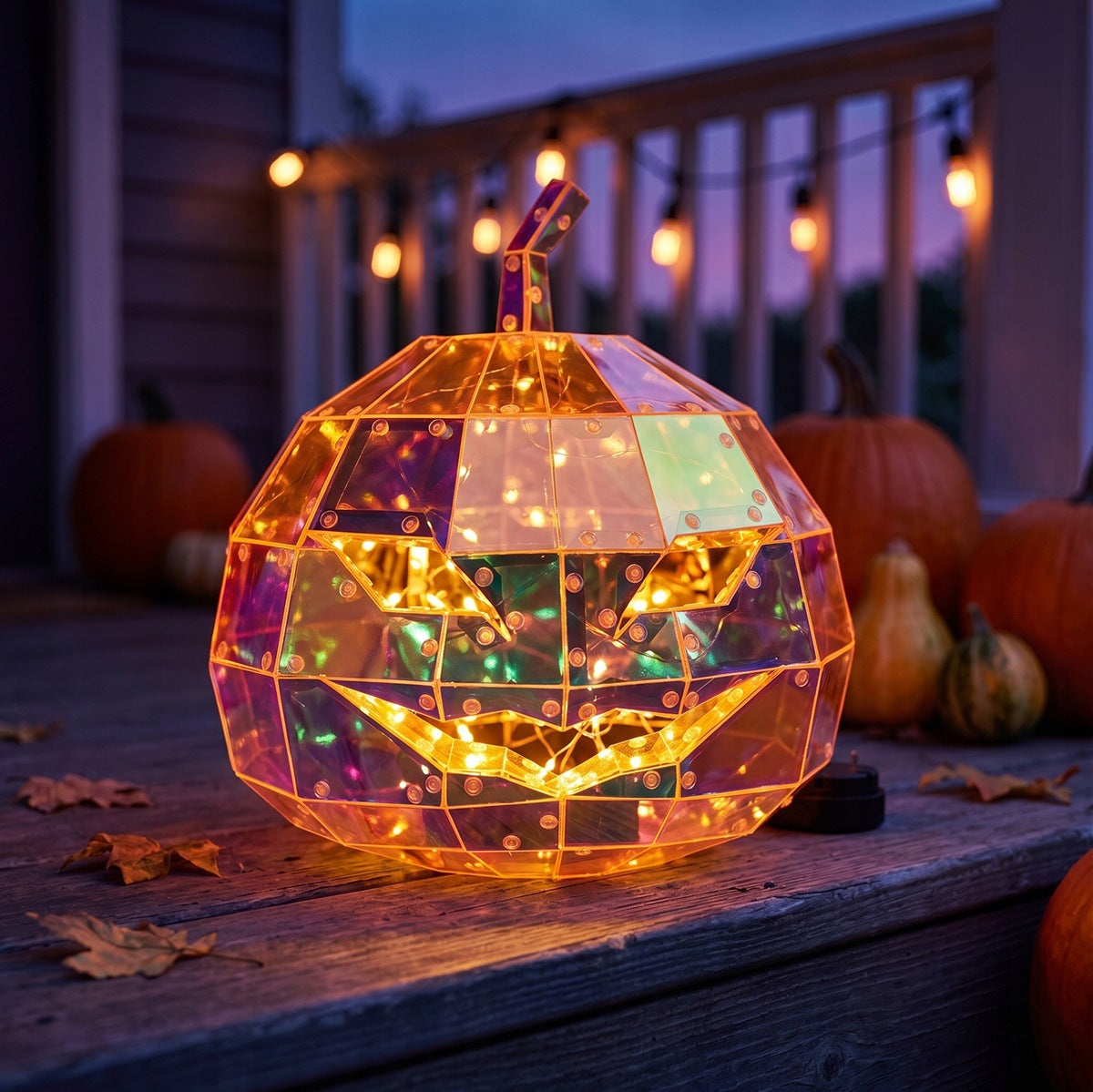 Wieczorna dekoracja tarasu na Halloween. Na drewnianych deskach stoi duża, świecąca dynia o geometrycznej, wielościennej strukturze z holograficzną powłoką, która mieni się w odcieniach pomarańczu i fioletu. Lampa ma wycięte groźne oczy i uśmiech, a wewnątrz niej widać ciepłe światełka. W tle widać prawdziwe dynie oraz zawieszone na balustradzie girlandy świetlne.