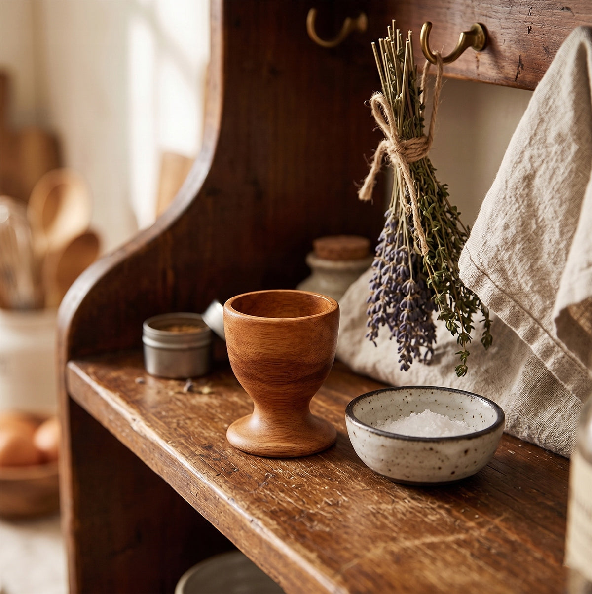 Drewniany kieliszek na jajko wyeksponowany na szafce lub półce w rustykalnej, tradycyjnej kuchni. Obok naczynia stoi mała, ceramiczna miseczka wypełniona gruboziarnistą solą morską. W tle, na mosiężnym haczyku, wisi powiązany sznurkiem pęczek suszonej lawendy i tymianku oraz lniana ściereczka, co nadaje kompozycji wyjątkowego, wiejskiego uroku.