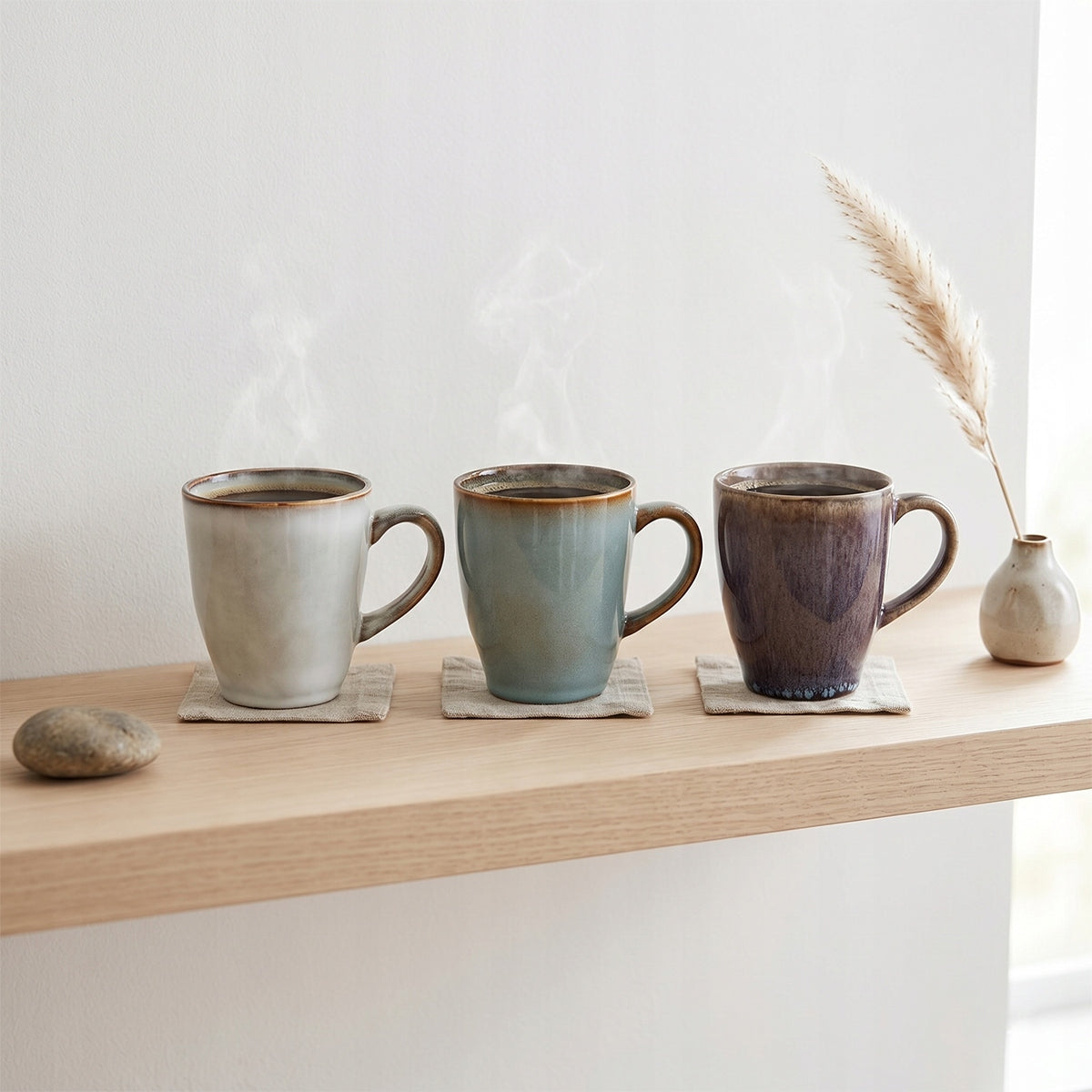 Trzy ceramiczne kubki z gorącą, parującą kawą, wyeksponowane na jasnej, drewnianej półce ściennej. Każdy z nich ma inny, subtelny odcień lśniącego szkliwa (złamana biel, zgaszony błękit, ciemny fiolet) i rustykalny, brązowy rant. Kubki stoją na kwadratowych, lnianych podkładkach. Minimalistyczną, spokojną kompozycję w stylu Japandi uzupełnia gładki kamyk oraz maleńki wazonik z suszoną trawą pampasową.