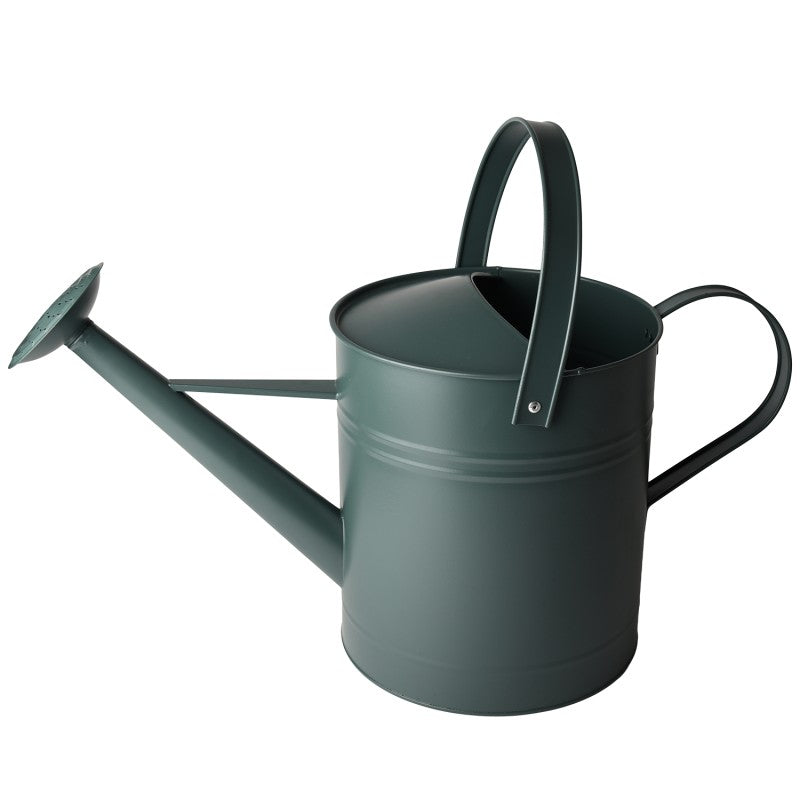 Zdjęcie produktowe na czystym, białym tle (packshot). Klasyczna, metalowa konewka ogrodowa o pojemności 10 litrów, pomalowana na matowy, ciemnozielony kolor. Posiada pojemny zbiornik, dwa wygodne uchwyty (górny i boczny) oraz długą szyjkę zakończoną drobnym sitkiem do zraszania roślin.