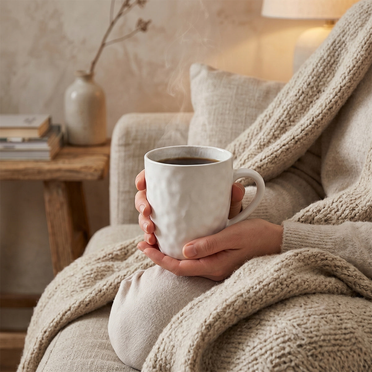 Niezwykle przytulna, jesienno-zimowa scena w duchu hygge. Osoba siedząca na wygodnym fotelu lub kanapie, szczelnie otulona grubym, beżowym kocem o wyrazistym splocie, ogrzewa dłonie o gorący, biały kubek z parującym napojem. Stonowana, jasna kolorystyka oraz rozmyte tło z drewnianym stolikiem i wazonem potęgują wrażenie spokoju, błogości i domowego relaksu.