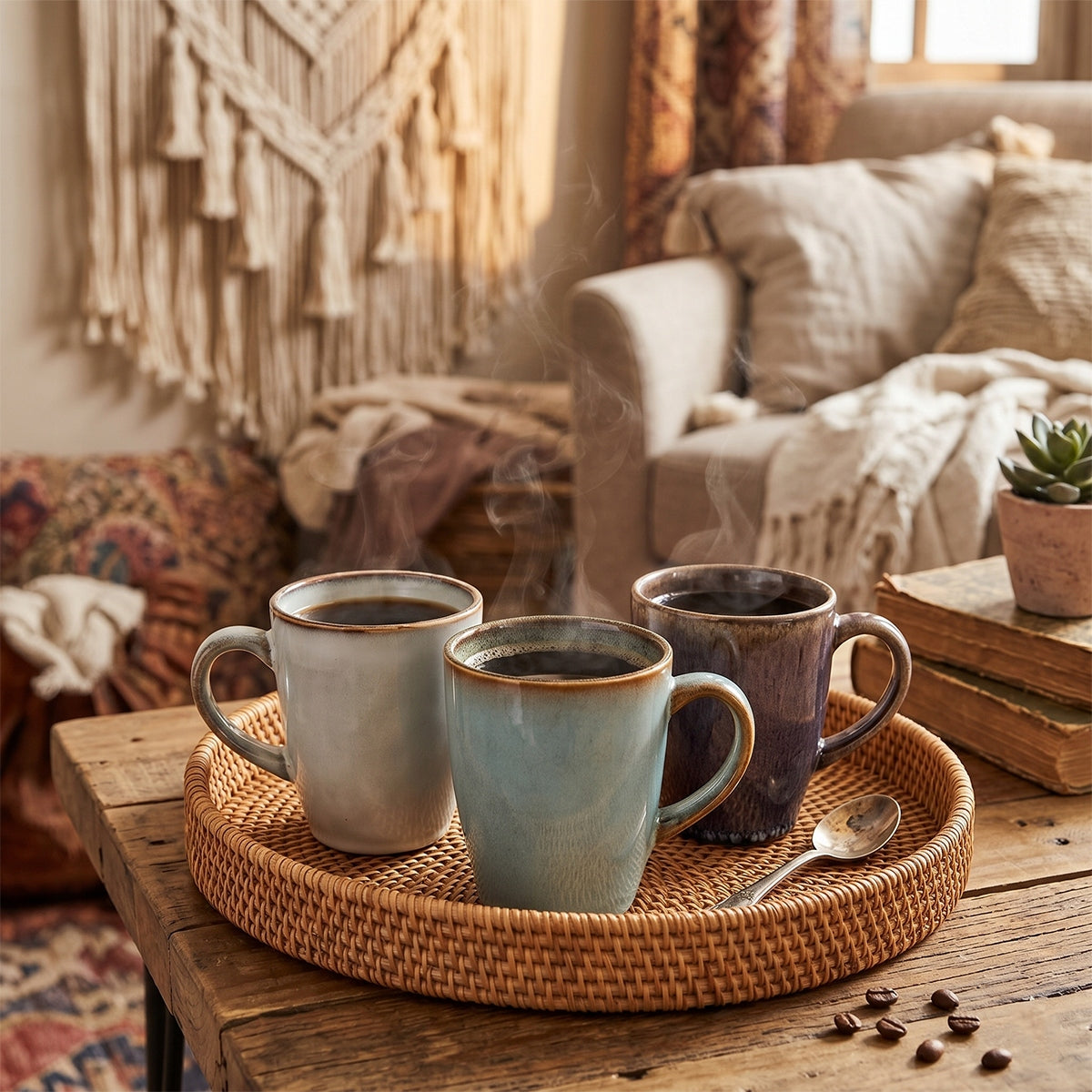 Przytulna aranżacja w stylu boho z gorącą kawą w roli głównej. Trzy parujące, ceramiczne kubki o różnych kolorach ustawiono na okrągłej, rattanowej tacy, która spoczywa na surowym, drewnianym stoliku. Obok leży mała, patynowana łyżeczka. W ciepłym, skąpanym w słońcu tle widać salon z makramą na ścianie, narzutami, poduszkami i starymi książkami, co tworzy idealną przestrzeń do popołudniowego relaksu