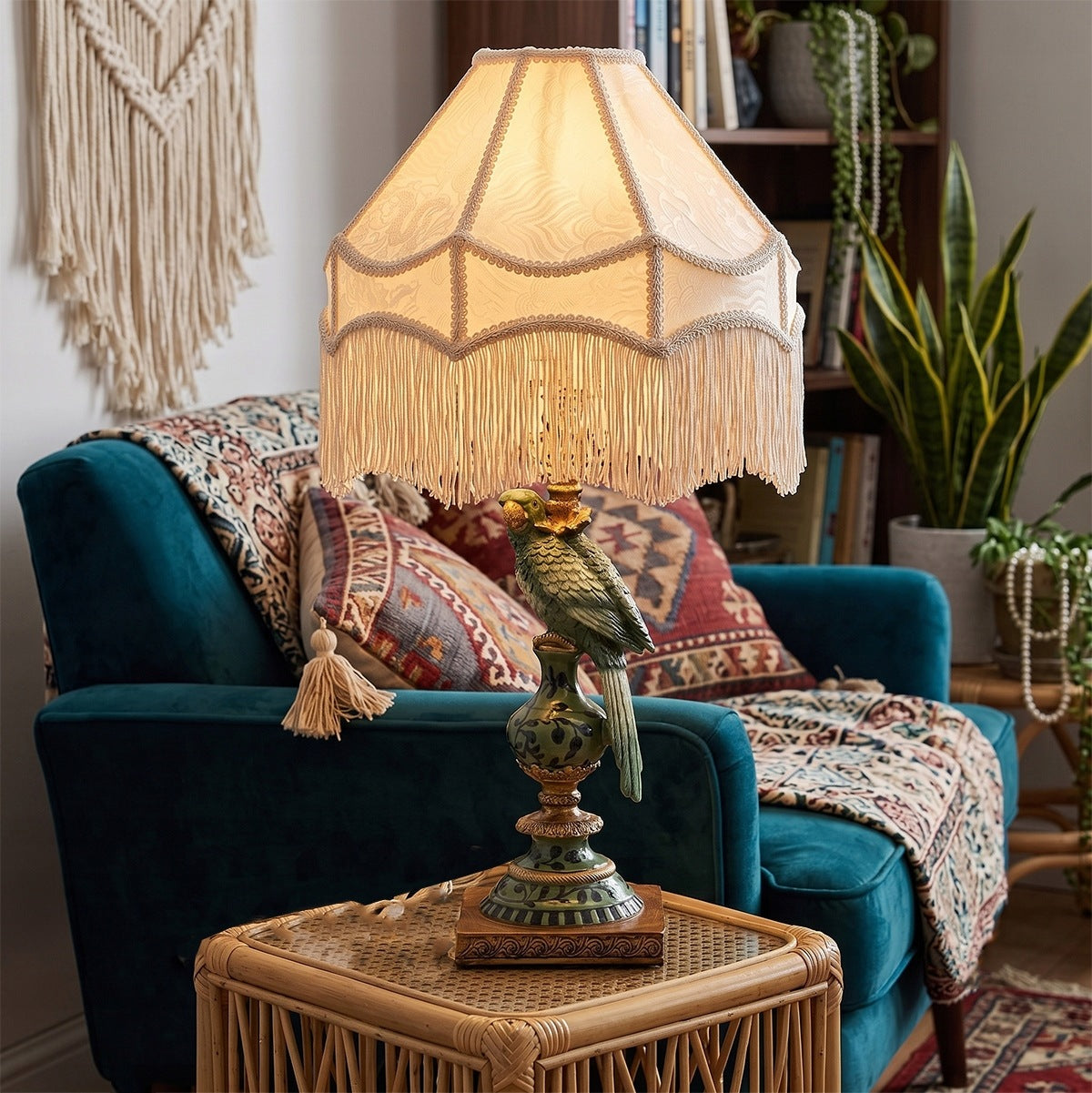 Przytulny salon w stylu boho z turkusowym fotelem i makramą na jasnej ścianie. Na pierwszym planie, na rattanowym stoliku, stoi ozdobna lampa stołowa. Podstawa lampy ma formę zielonej papugi siedzącej na dekoracyjnym, ręcznie malowanym postumencie ze złotymi akcentami. Lampa posiada kremowy, materiałowy abażur wykończony długimi, klasycznymi frędzlami, który daje ciepłe światło.