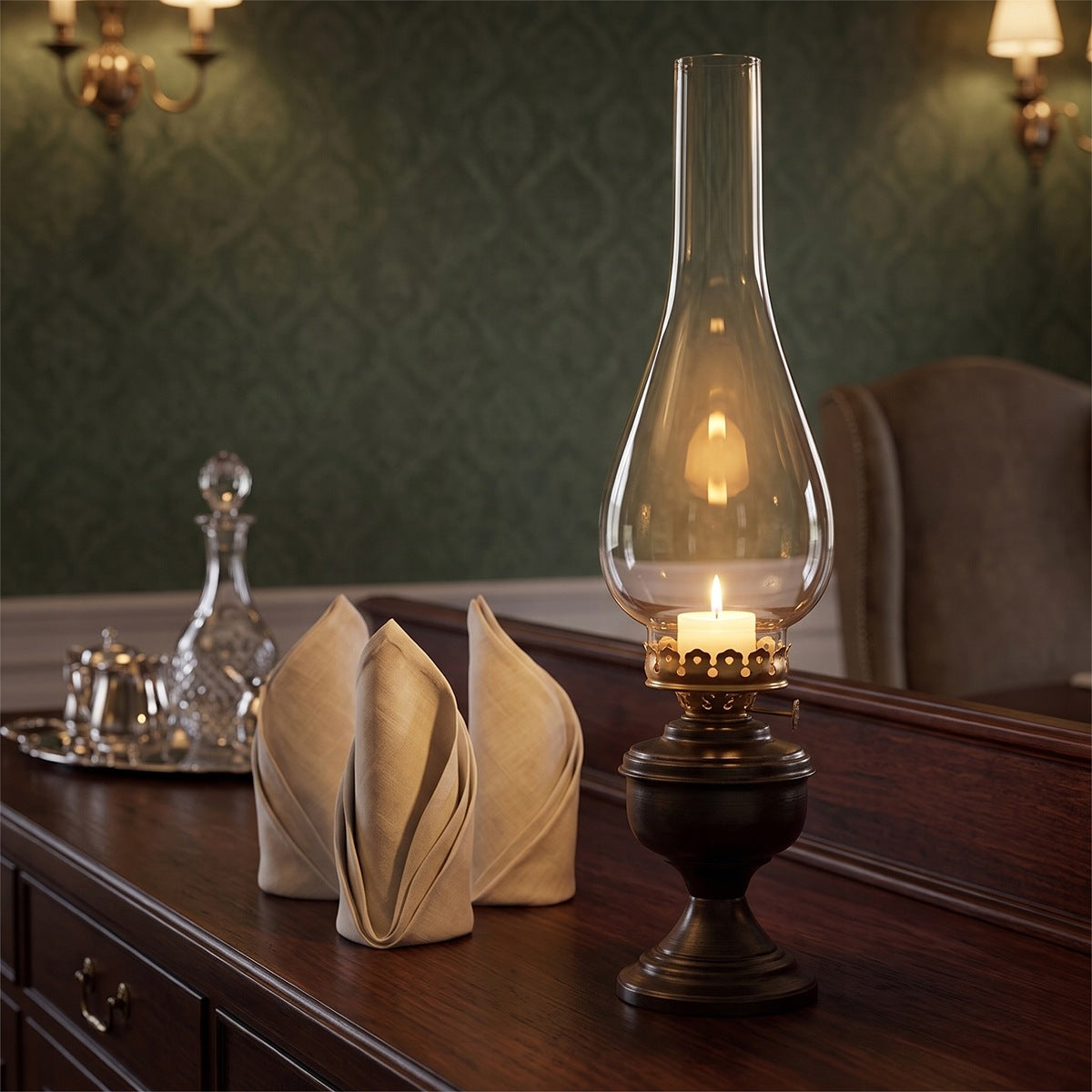 Klasyczna, nastrojowa aranżacja w eleganckiej jadalni lub gabinecie. Na ciemnym, rzeźbionym drewnianym bufecie (lub stole) stoi zapalony lampion imitujący lampę naftową. Obok niego, z lewej strony, znajdują się finezyjnie złożone, jasne serwetki materiałowe. W rozmytym tle widać srebrną zastawę i kryształową karafkę na tacy, stylowy fotel oraz ścianę pokrytą zieloną tapetą we wzory z zapalonymi kinkietami.