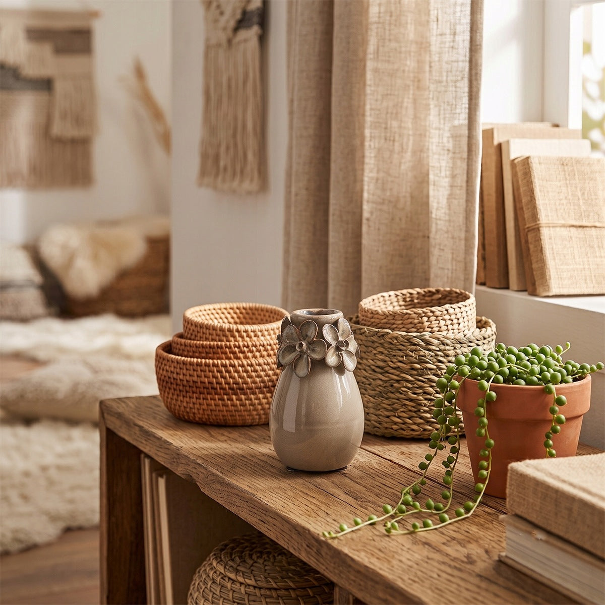 Jasna, przytulna aranżacja wnętrza w stylu boho. Na drewnianej komódce lub parapecie, obok okna, stoi mały, beżowy wazonik ceramiczny w kształcie pękatej łezki, ozdobiony wokół szyjki wieńcem z wypukłych, ceramicznych kwiatów. Obok wazonika znajdują się naturalne, plecione koszyczki, doniczka z wiszącą rośliną (starzec Rowleya) oraz stos książek. W tle widać jasne zasłony, makramę na ścianie i miękkie dywany.