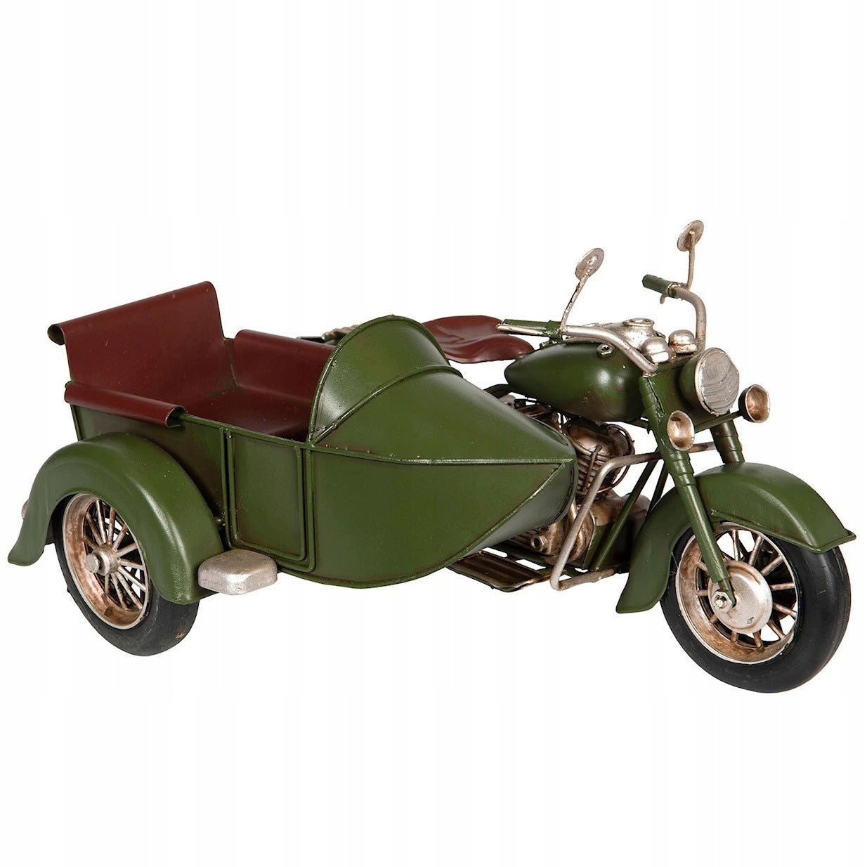 Zdjęcie produktowe na gładkim, białym tle (packshot). Metalowy model motocykla w kolorze oliwkowej zieleni z dołączonym wózkiem bocznym. Figurka posiada brązowe detale imitujące skórzane siedzenia oraz srebrne, lekko przecierane elementy silnika, ramy i reflektorów, co nadaje jej surowy, industrialny wygląd w stylu vintage.