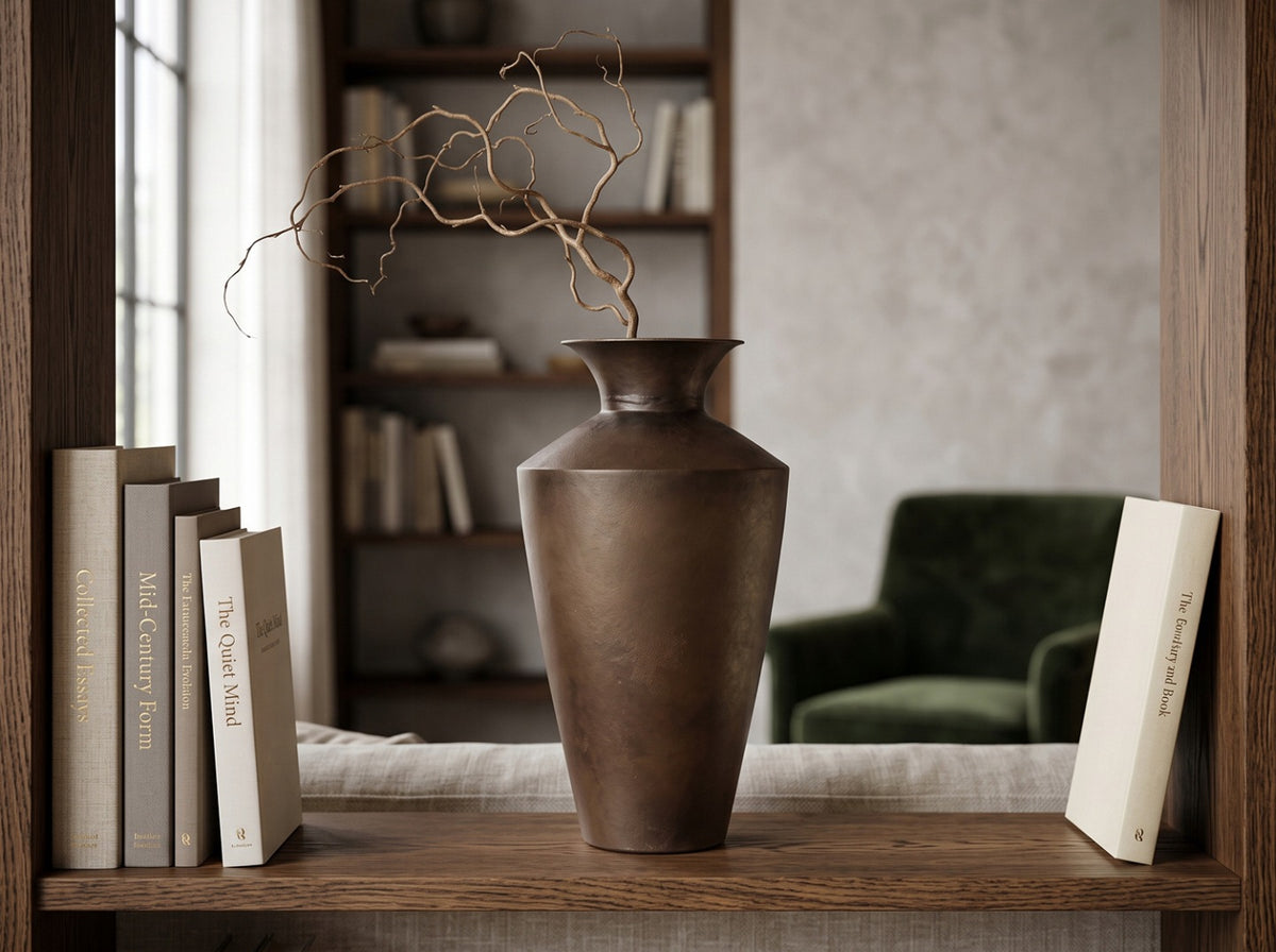 Elegancka, minimalistyczna aranżacja na drewnianym regale. W centrum stoi ciemny, metalowy wazon z rdzawą patyną, w którym umieszczono pojedynczą, dekoracyjnie powykrzywianą suchą gałązkę. Po obu stronach naczynia stoją oprawione w jasne płótno książki. W miękko rozmytym tle widać domową biblioteczkę oraz ciemnozielony, welurowy fotel.