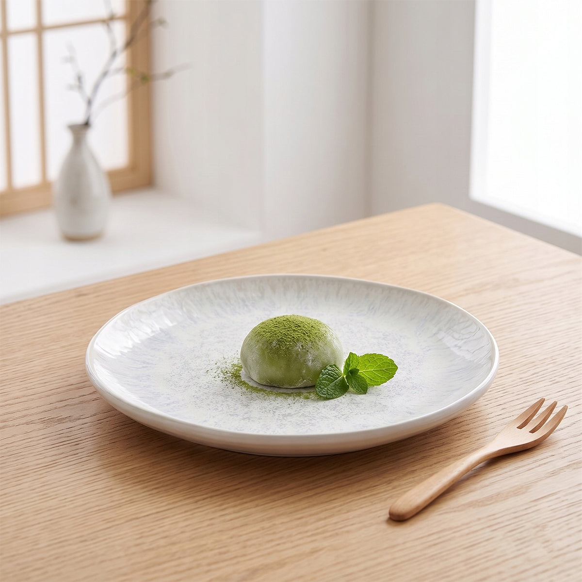 Czysta, minimalistyczna kompozycja w stylu azjatyckim. Na jasnym, ceramicznym talerzu z subtelnym nakrapianiem zaserwowano zielone ciastko matcha mochi, delikatnie oprószone herbacianym pudrem i ozdobione listkami świeżej mięty. Jasny, dębowy blat, drewniany widelczyk oraz rozmyte tło z japońskim akcentem nadają zdjęciu spokojny, harmonijny charakter w duchu zen.