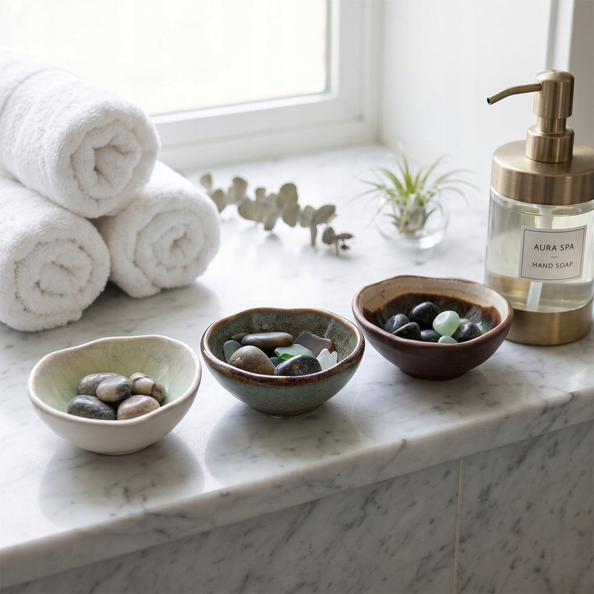 Nietypowe, dekoracyjne zastosowanie ceramicznych miseczek w eleganckiej łazience. Naczynia, wypełnione ozdobnymi kamykami i szkłem morskim (sea glass), stoją na jasnym, marmurowym parapecie okiennym. W tle ułożono zrolowane, puszyste ręczniki hotelowe, gałązkę eukaliptusa oraz stylowy dozownik na mydło, budując luksusową, kojącą atmosferę luksusowego SPA.