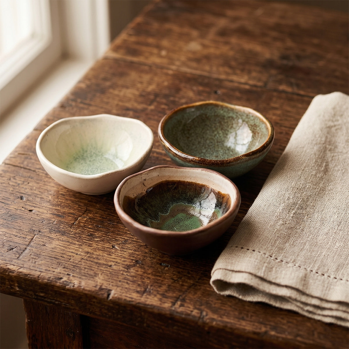 Trzy urokliwe miseczki ceramiczne o nieregularnych brzegach, wyeksponowane na bardzo starym, mocno teksturowanym drewnianym blacie. Ich lśniące, wielobarwne wnętrza w odcieniach zieleni, błękitu i brązu pięknie kontrastują z surowym drewnem. Obok leży starannie złożona, lniana serwetka. Naturalne światło padające z okna podkreśla sielski, rzemieślniczy (wabi-sabi) charakter kompozycji.