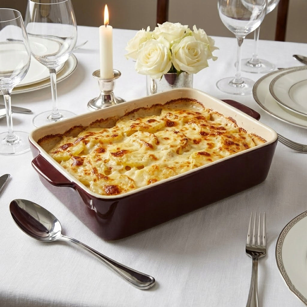 Uroczyście nakryty stół z białym obrusem. W centrum stoi bordowe, ceramiczne naczynie z rumianą zapiekanką ziemniaczaną (gratin dauphinois) zapieczoną pod kremowym sosem i chrupiącym serem. Dookoła naczynia ułożono elegancką zastawę ze srebrnymi obwódkami, sztućce oraz kieliszki do wina. Kompozycję ożywia mały wazonik z bukietem białych róż oraz zapalona świeca w stylowym świeczniku.