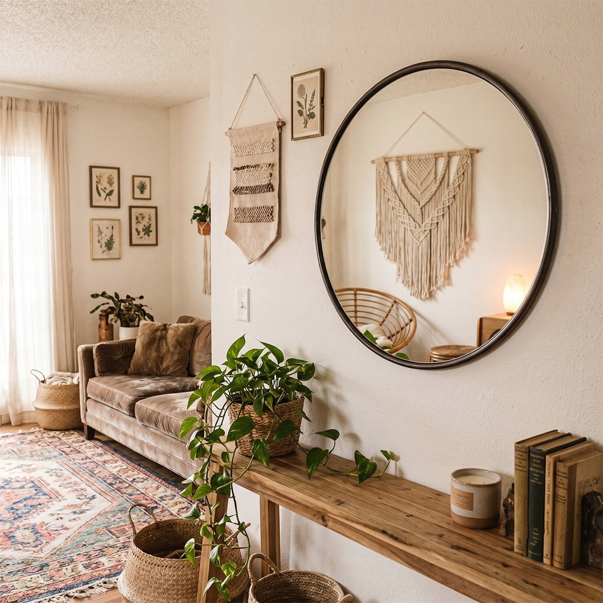 Przytulny salon w stylu boho. Na białej ścianie wisi duże, okrągłe lustro w ciemnej ramie, w którym odbija się wisząca makrama oraz fotel z rattanu. Pod lustrem stoi surowa, drewniana konsola, na której wyeksponowano doniczkę z bujnym epipremnum (pnączem), świecę zapachową i stosik starych książek. Z boku widać brązową, welurową sofę i wzorzysty dywan w stylu vintage.