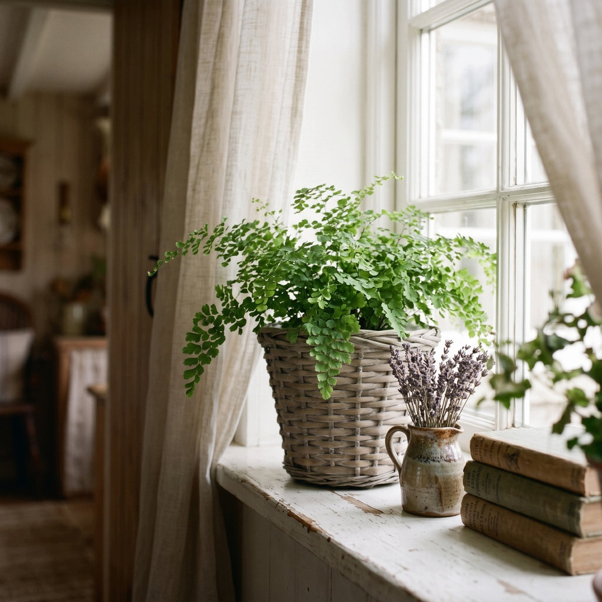 Gęsta paproć (adiantum) w okrągłej, szarej osłonce wiklinowej ustawiona na rustykalnym, białym parapecie okiennym. Obok stoi mały, ceramiczny dzbanuszek z suszoną lawendą oraz stos starych książek. Przez okno wpada jasne, dzienne światło, a z boku wisi lniana zasłona
