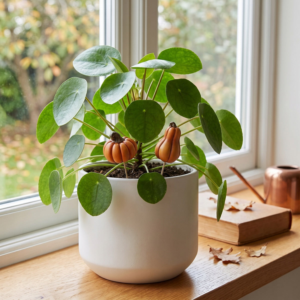 Dekoracja rośliny domowej. Na jasnym, drewnianym parapecie stoi biała doniczka z rośliną (Pilea peperomioides, potocznie zwana pieniążkiem). W ziemię wbite są dwa piki dekoracyjne z małymi, pomarańczowymi dyniami o różnych kształtach (jedna pękata, druga podłużna). Obok leży stara książka z suchymi liśćmi dębu oraz miedziana konewka. Za oknem widać jesienny ogród.