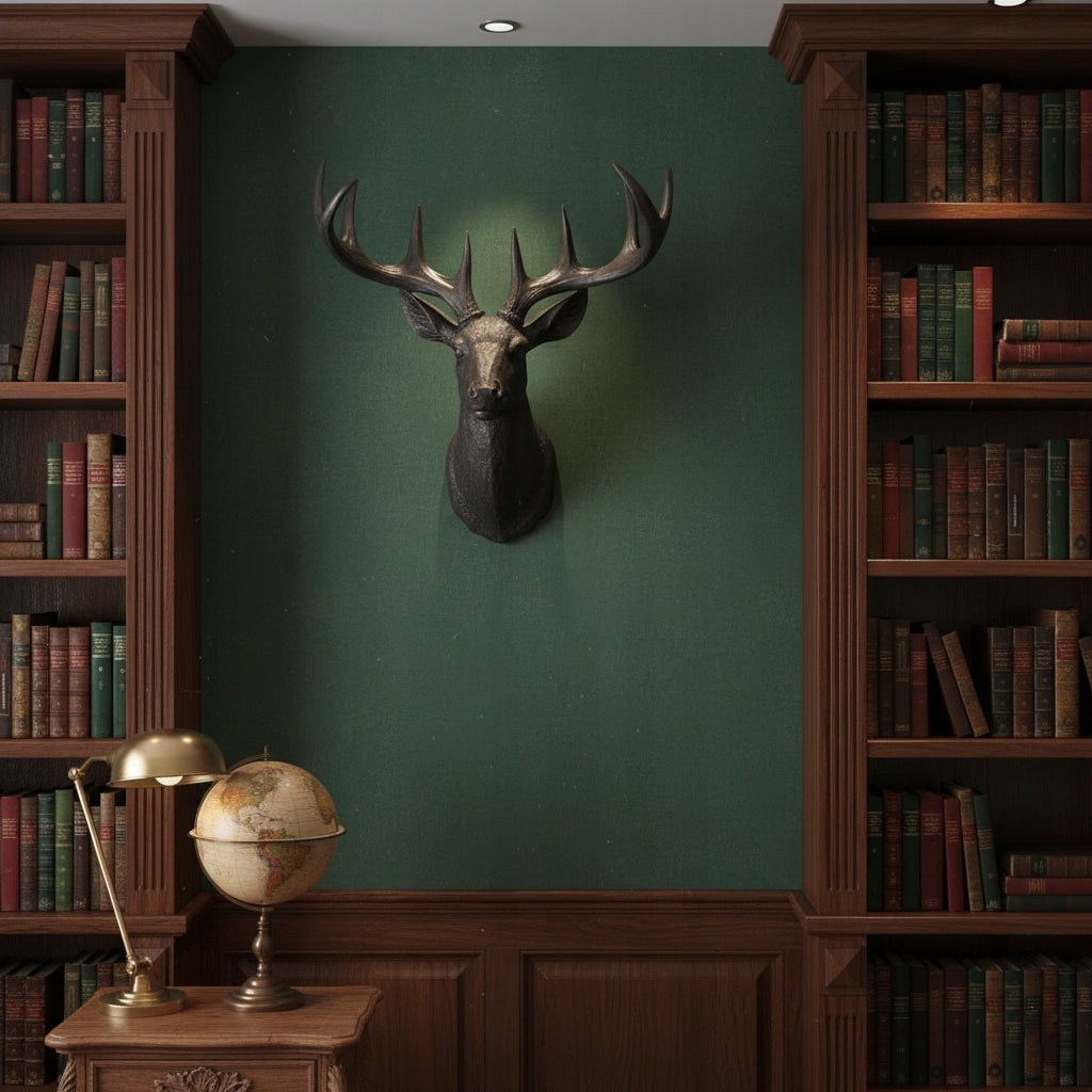 Klasyczny, elegancki gabinet lub domowa biblioteka w stylu vintage (dark academia). W centrum kadru, na ciemnej, szmaragdowozielonej ścianie, wisi imponująca, ciemna rzeźba głowy jelenia. Po obu stronach ściany znajdują się symetryczne, wysokie regały z rzeźbionego, ciemnego drewna, wypełnione po brzegi wielokolorowymi książkami w starych oprawach. Poniżej znajduje się ciemna, drewniana boazeria. W lewym dolnym rogu widoczny jest stylowy globus i mosiężna lampka biurkowa stojące na małym stoliczku.