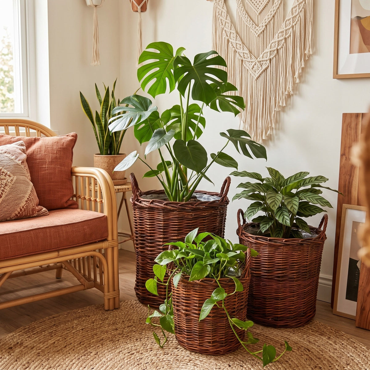 Monstera, kalatea oraz epipremnum posadzone w trzech ciemnobrązowych koszach wiklinowych z uchwytami. Kompozycja stoi na plecionym dywanie w jasnym salonie urządzonym w stylu boho. Widoczne są m.in. rattanowy fotel z rdzawymi poduszkami oraz makrama na ścianie.
