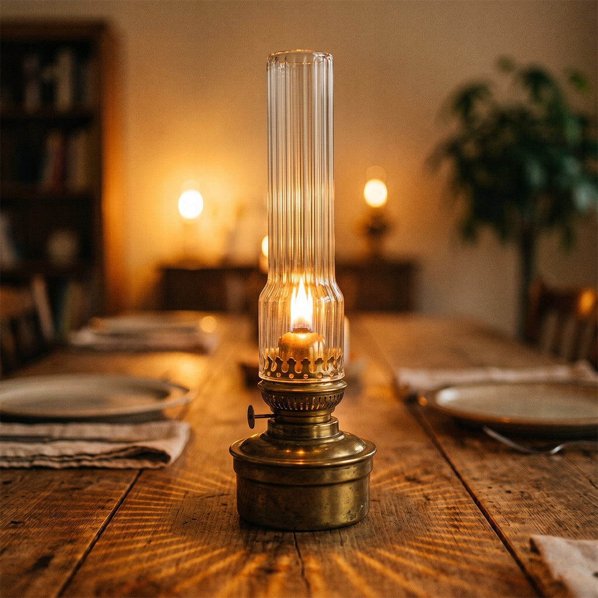 Zapalona mosiężna lampa naftowa z wysokim, ryflowanym kloszem ze szkła, ustawiona na środku dużego, drewnianego stołu jadalnianego. Płomień rzuca na blat wyraziste, gwiaździste cienie. Po bokach widoczne są rozmyte nakrycia stołowe z talerzami i serwetkami, a w tle majaczą inne, ciepłe źródła światła, budując przytulną atmosferę wieczoru.